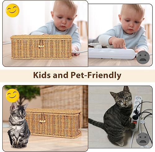 Miniatura 4 de Caja organizadora de cables, caja organizadora de cables de ratán sintético tejida a mano con tapa, 2 ranuras abiertas, caja organizadora de cables