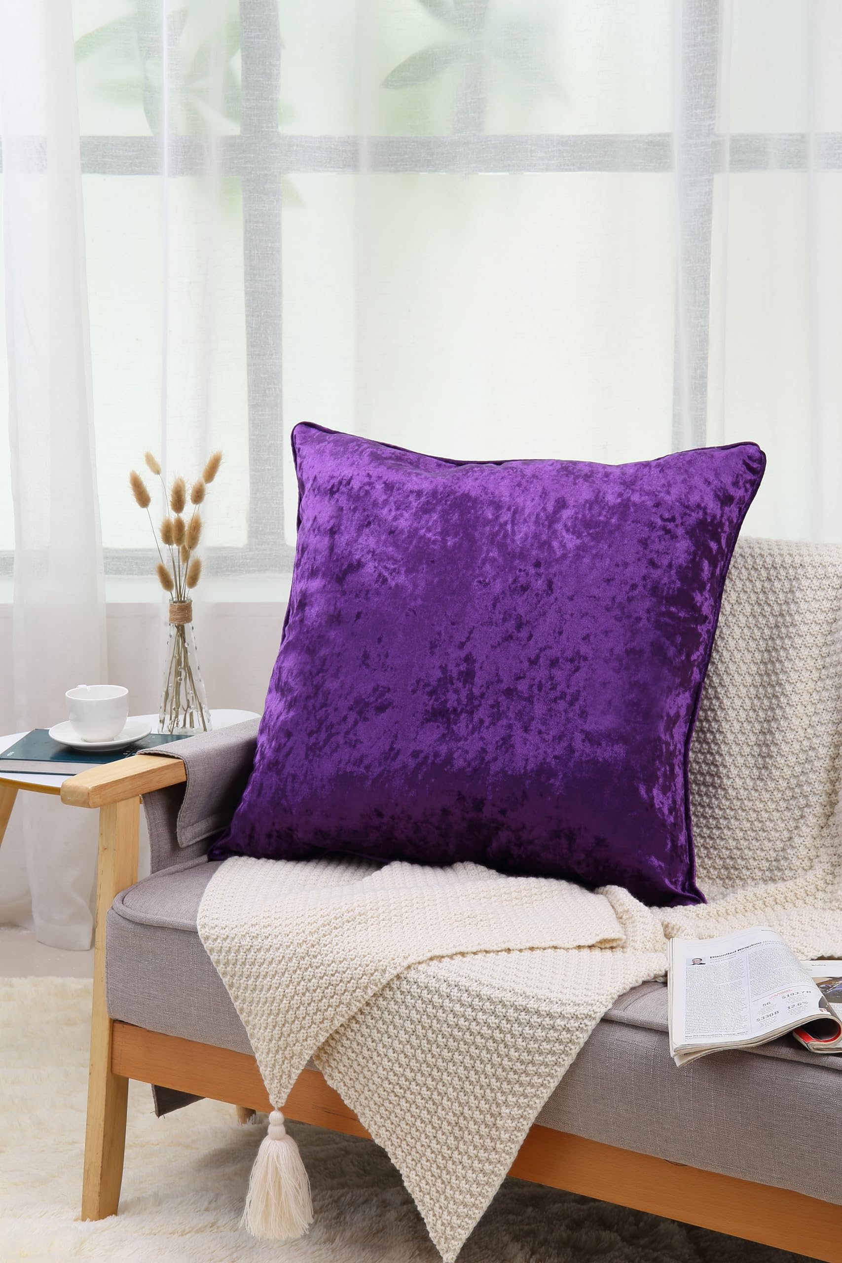 Artistic Fashionista Limited Plain Super Soft Crushed Velvet Decorative Cushion Covers for Sofa Bed Living Room Bedroom Home Couch Pillowcases Cushions Pillows with Invisible Zipper (Purple, 60x60cm)