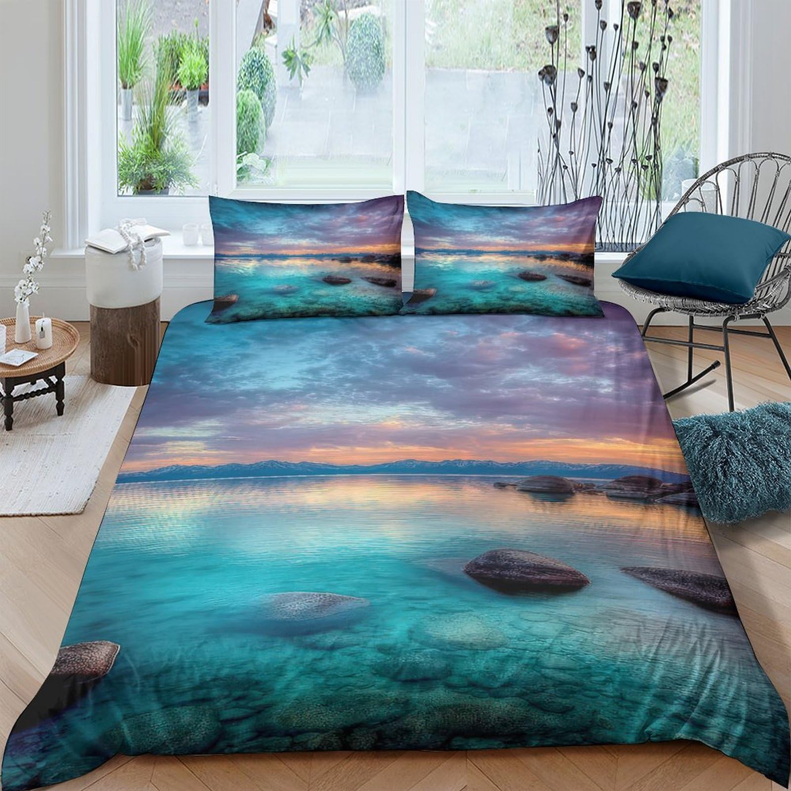 Ctjqhvkz Style-8 3D Printed Sunset Ocean Fitted Sheet Microfiber Soft Blue Purple Reef Bed Cover Bedroom Decor Single（135X200cm）