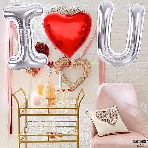 Miniatura 6 de KatchOn, Globos plateados con texto en inglés "I Love You" para él, grandes de 40 pulgadas, globos de corazón rojo, globos con texto en inglés "I