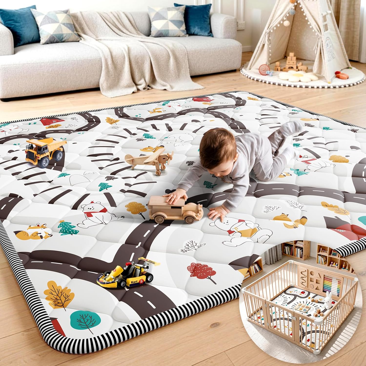 Palopalo 74x50 Foam Baby Floor Play Mat with Train Track Design - 0.8in Thick Cushioning Playmat for Safety, Non-Slip Playpen Mat for Infants & Toddlers, Perfect for Sensory & Motor Skill Development