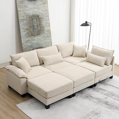 Moderno sofá modular en forma de U, sofá modular de pana con tumbonas dobles para sala de estar, color beige