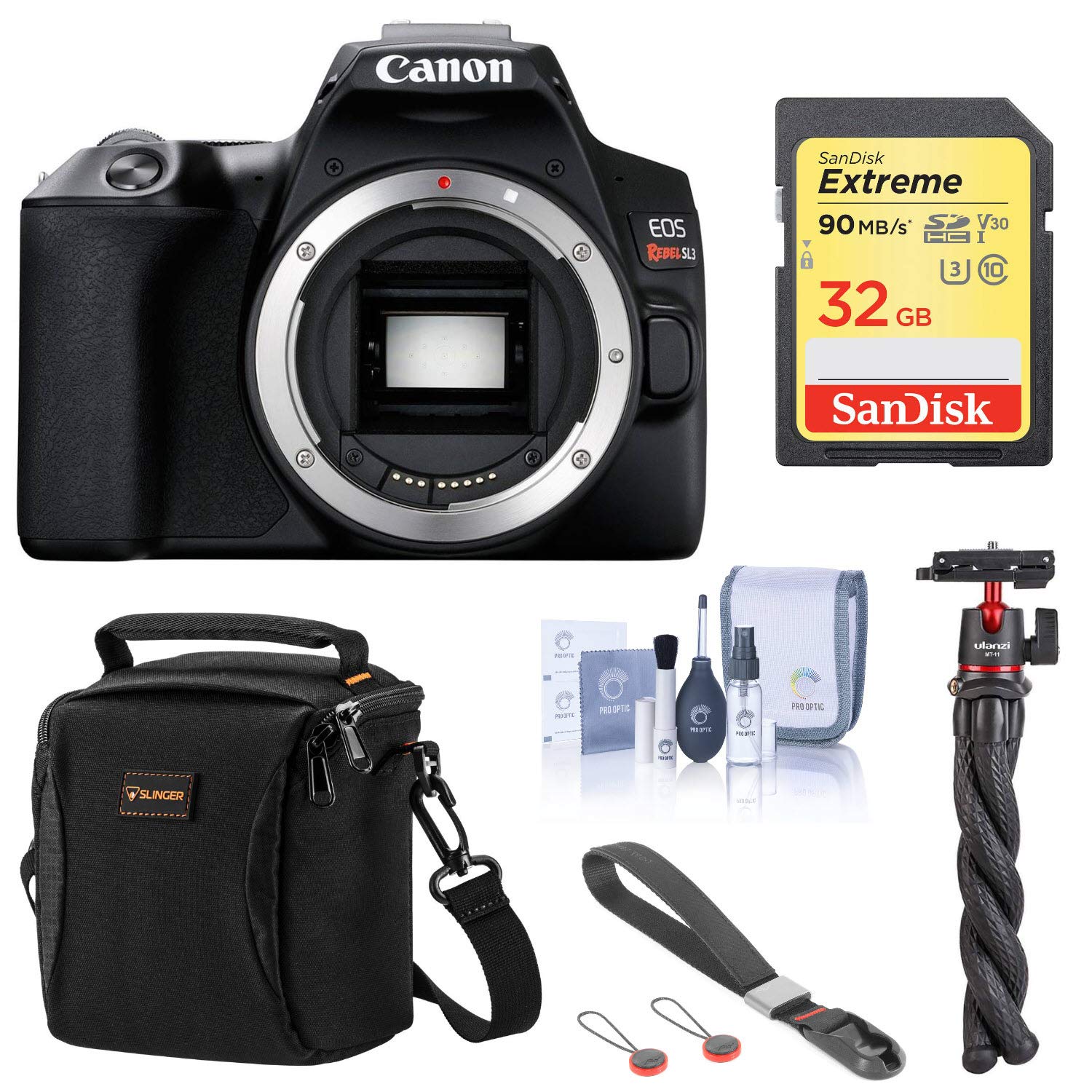 Canon EOS Rebel SL3 DSLR Camera Body Only (Black), Bundle with Bag, Wrist Strap, Mini Tripod, 32GB SD Card, ProOptic Cleaning Kit