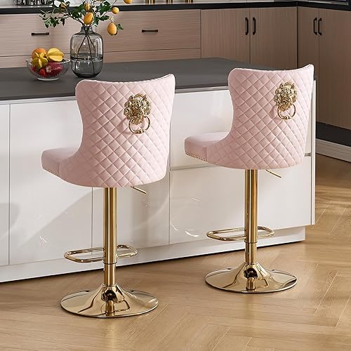 Miniatura 90 de Juego de 4 taburetes de bar giratorios ajustables de terciopelo con respaldo copetudo, ribete de cabezas de clavos y anillo de tracción, sillas de