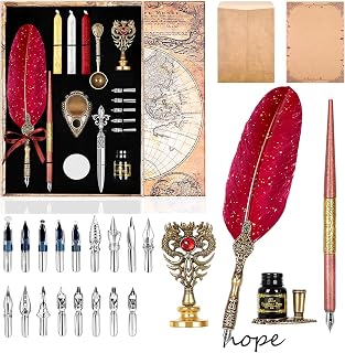 Quill Pen and Ink Set,Feather Pen Ink Set Includes Quill Pen and wooden dip pen,Ink,17 Replacement Nib,Pen Base,3 Wax Seal Sticks,Stamp,White Wax, Spoon,Envelope Letter Paper,envelope tool(Red)