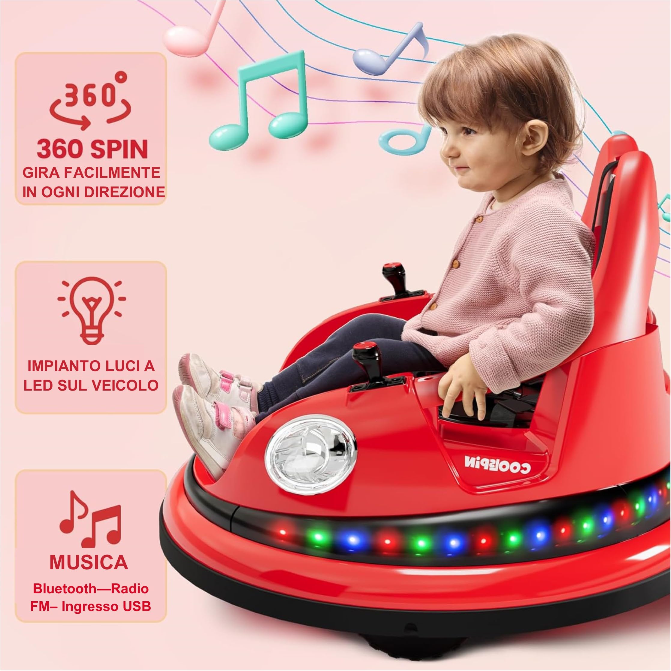 Autoscontro Elettrico 12V per Bambini Mondial Toys – Macchina Girevole 360° con Telecomando, Joystick, Cintura 5 Punti, Bluetooth, Luci LED, Musica, Paraurti, Giostrina da Casa (Rosso)