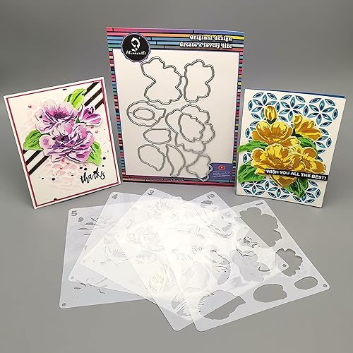 Alinacutle 5 plantillas de capas de flores de peonía y 1 juego de troqueles de marco, plantillas de plástico con marcos, corte de metal, troqueladas