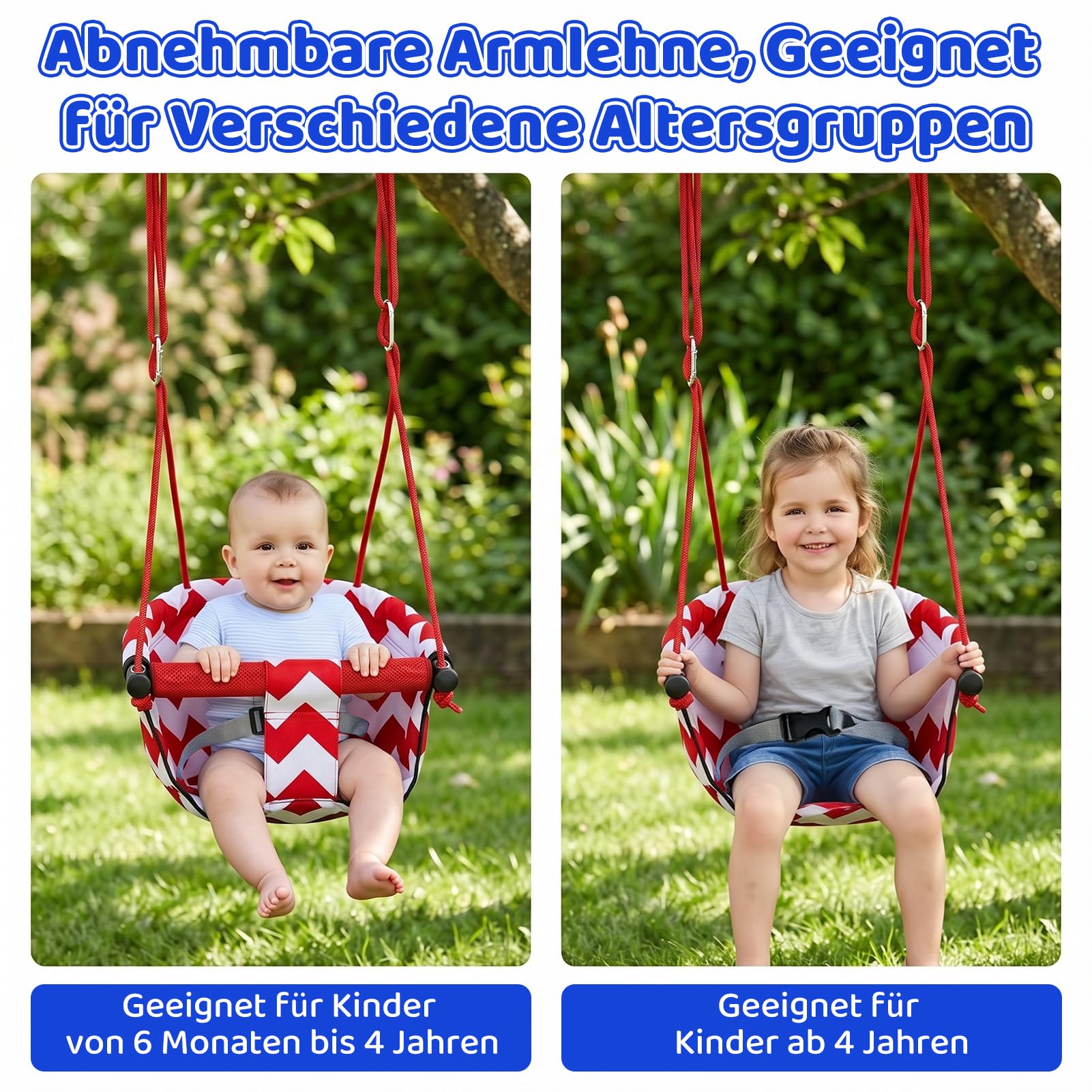 Altalena Da Giardino Per Bambini,Seggiolino Altalena Bambini Con Morbida Cintura Di Sicurezza E Corda Regolabile,Altalena Per Bambini, Altalena Per Interni Ed Esterni (Rosso)