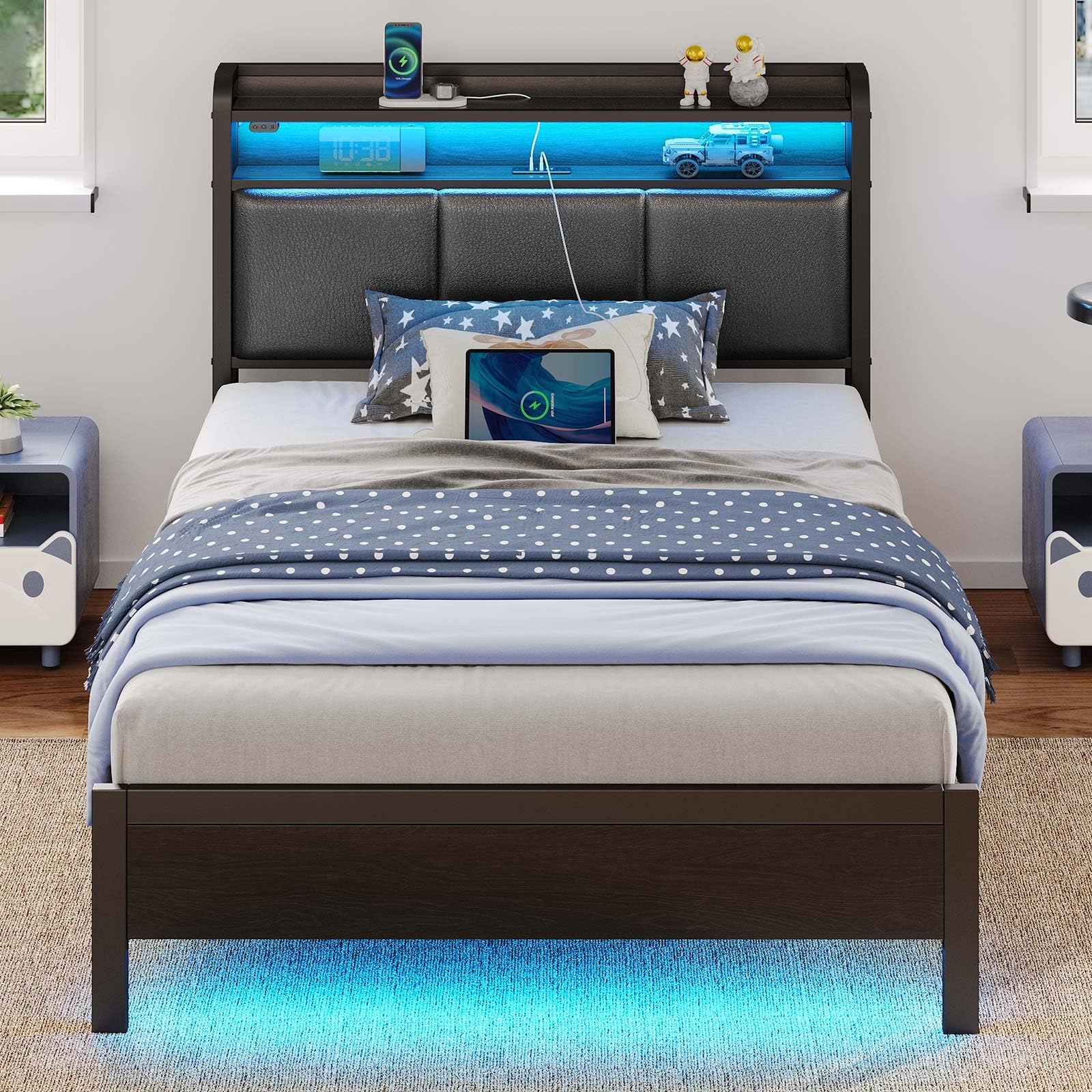 Rolanstar Bed Frame Twin Size with Charging Station and LED Lights, PU Leather Headboard with Storage Shelves, Heavy Duty Metal Slats, No Box Spring Need, Noise Free, Easy Assembly, Black