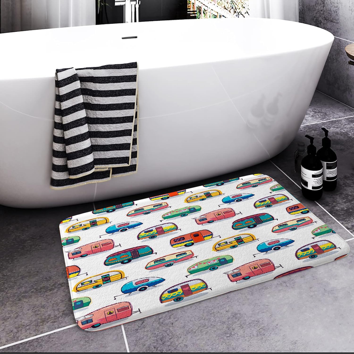 JAWO Happy Camper Bath Mat for Camper Trailer Camping Bathroom, Retro RV Fun Camping Non-Slip Doormat Bath Rug, Entrance Rug for Front Door Kitchen Floor Bath Tub Bedroom image 3