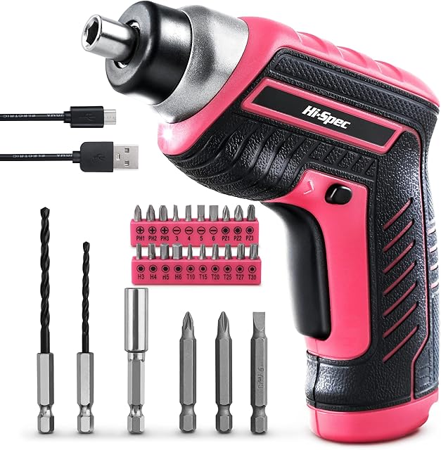 Hi-Spec 3.6V USB Rechargeable Cordless Power Screwdriver. Popular 26 Piece Bit Set for DIY Electric Screw Driving