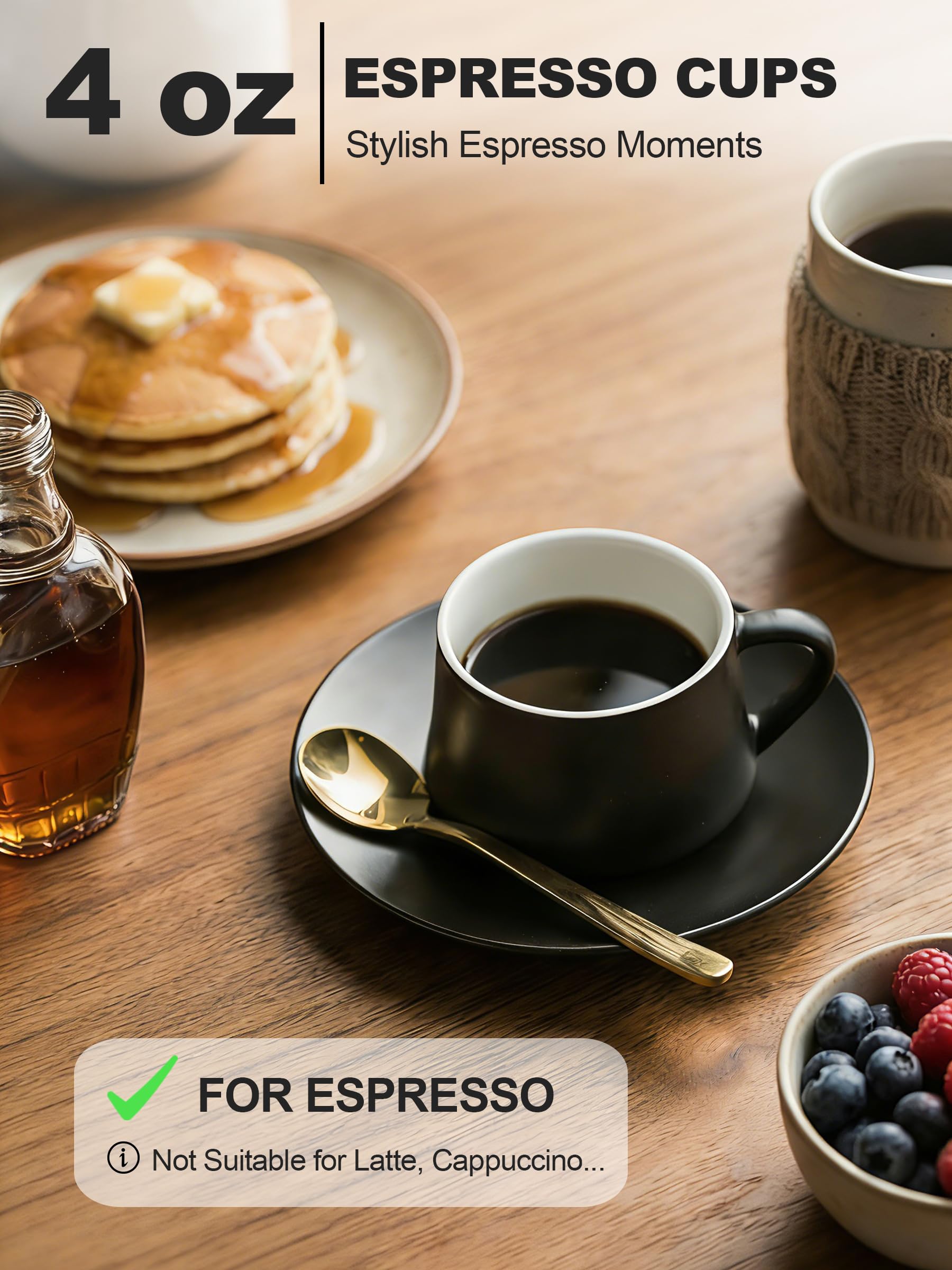 YHOSSEUN Juego de 6 tazas de café expreso de cerámica de 4 onzas con soporte, platillos y cucharas, tazas de café pequeñas Demitasse para el día del padre, accesorios de espresso para máquina, color