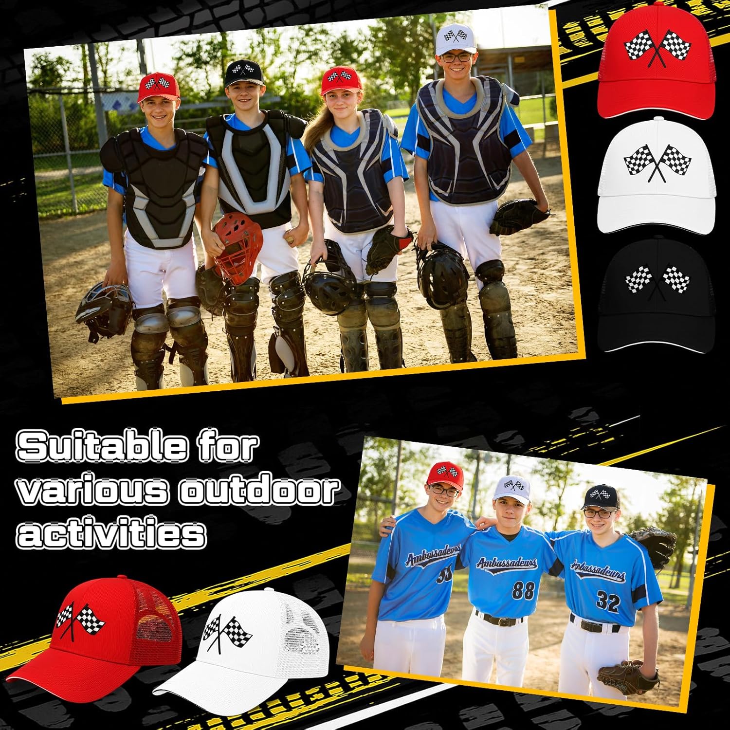 12 Pcs Racing Car Flag Hats Bulk Checkered Race Car Flag Adjustable Washable Embroidered for Men Women, 3 Color