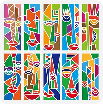 FINGERINSPIRE Abstract Faces Stencil Template 11.8x11.8inch - Reusable Geometric Art Stencil for Painting on Wood, Floor, Wall and Fabric