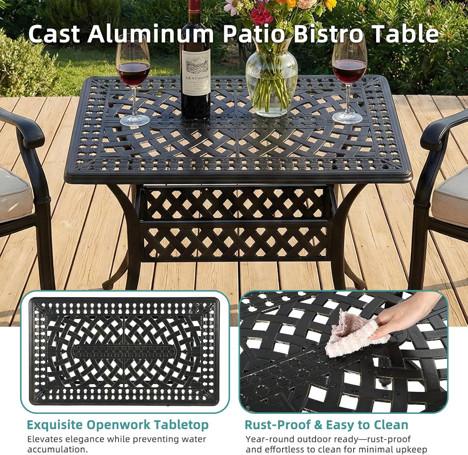 MEETWARM Outdoor Dining Table, All-Weather Cast Aluminum 42" Rectangle Patio Dining Table, 200 LBS Heavy Duty Patio Bistro Table for Balcony Poolside Deck Garden & Indoor Use, Dark Bronze
