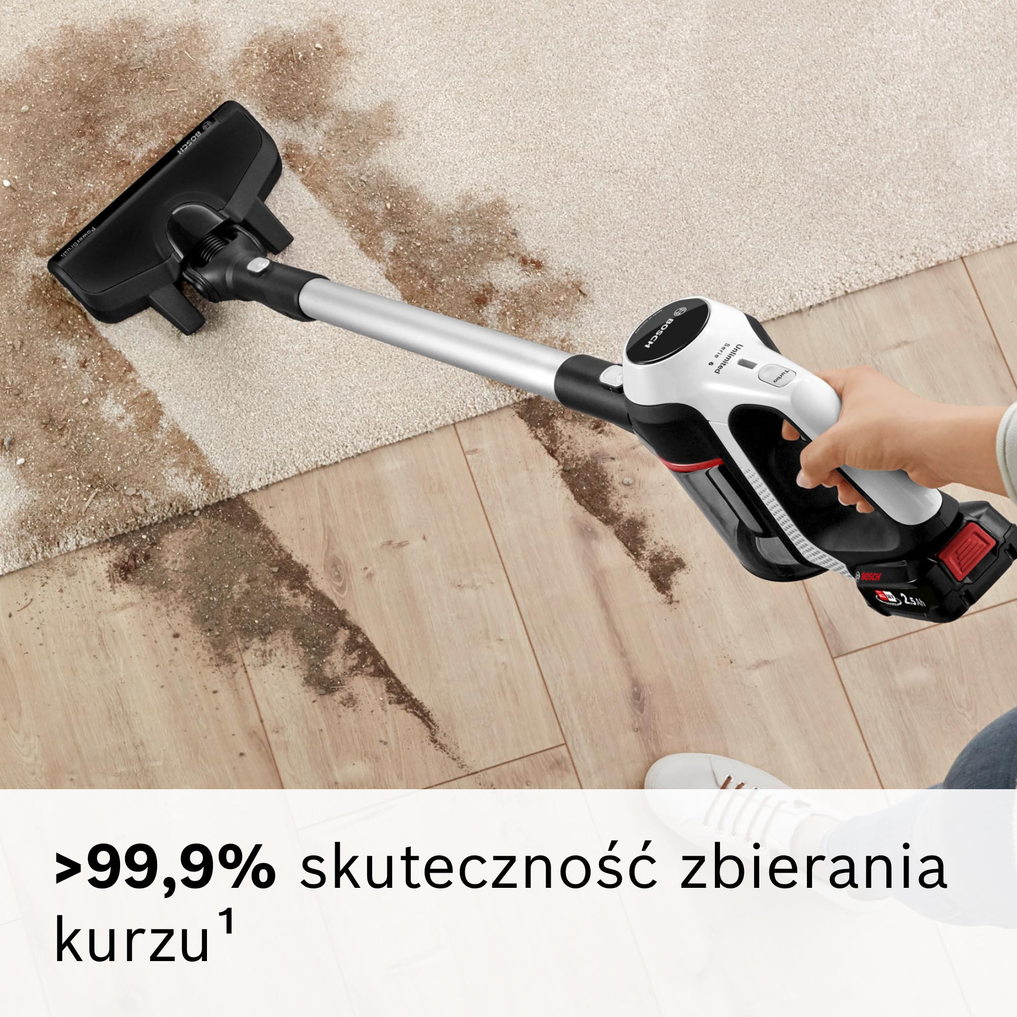 Bosch, Unlimited BCS611AM Series 6, odkurzacz bezprzewodowy, wysoka moc ssania, długi czas pracy, lekka konstrukcja, wydajny silnik, wyprodukowano w Niemczech, biały