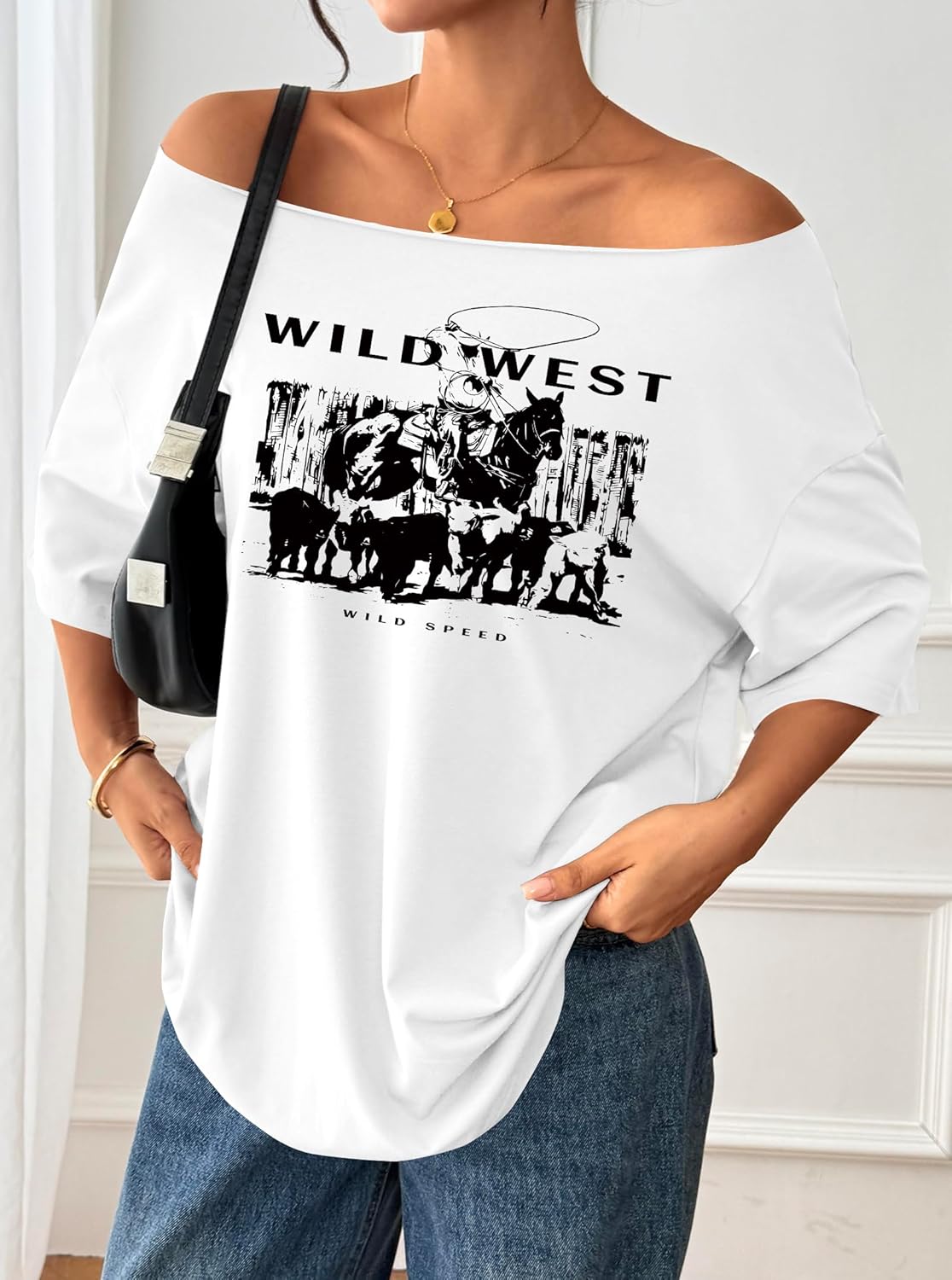 Remidoo Women's Oversized T Shirt Off The Shoulder Tops Short Sleeve Shirts Graphic Tees - Image 7