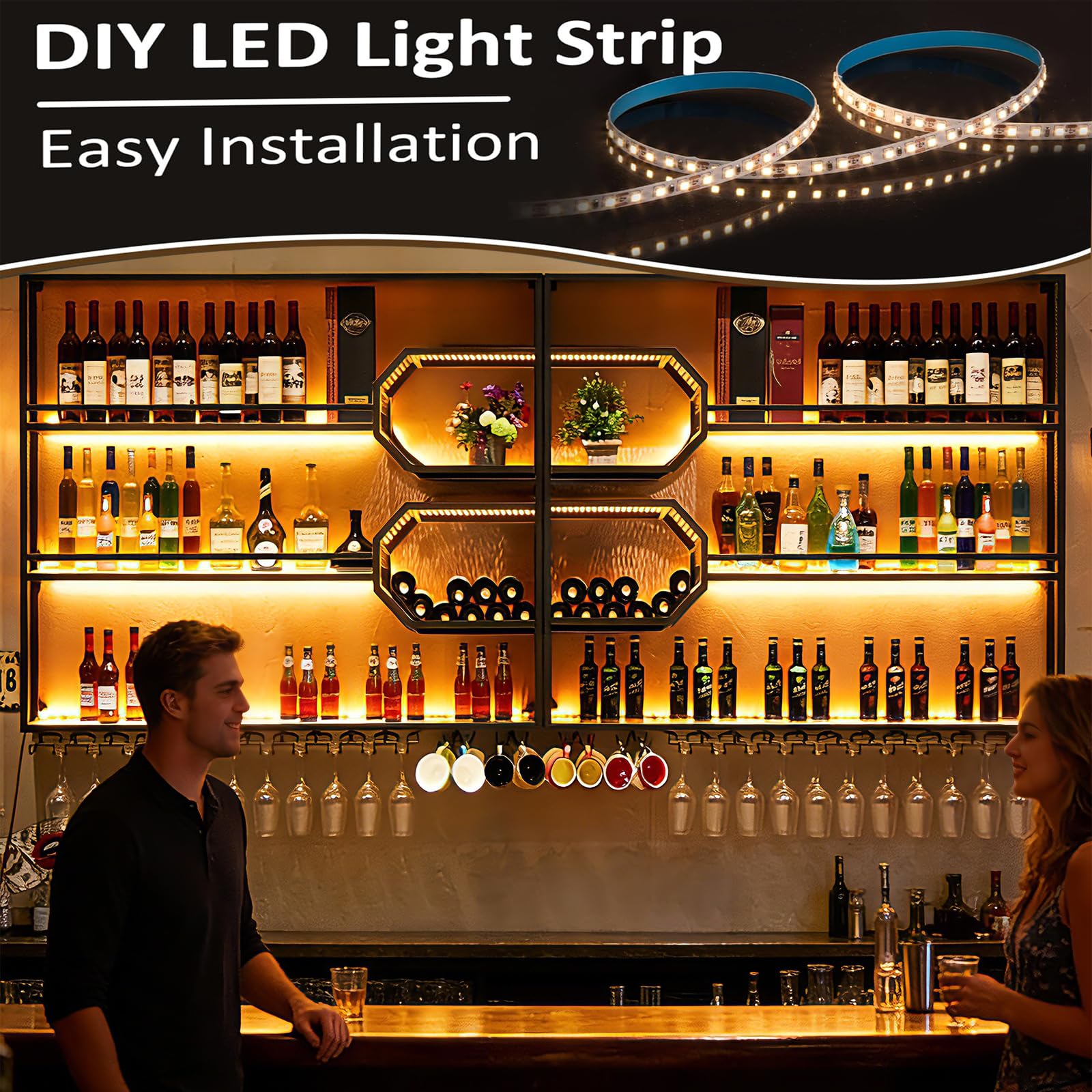 AUSKLEZU 201CMBotellero de Pared Grande con Iluminación LED, Organizador de Bar de 3 Pisos con Soporte para Copas, Soporte para Botellas de Alcohol Estilo, Decoración para Bar en Casa (Negro, 201cm) — view 4