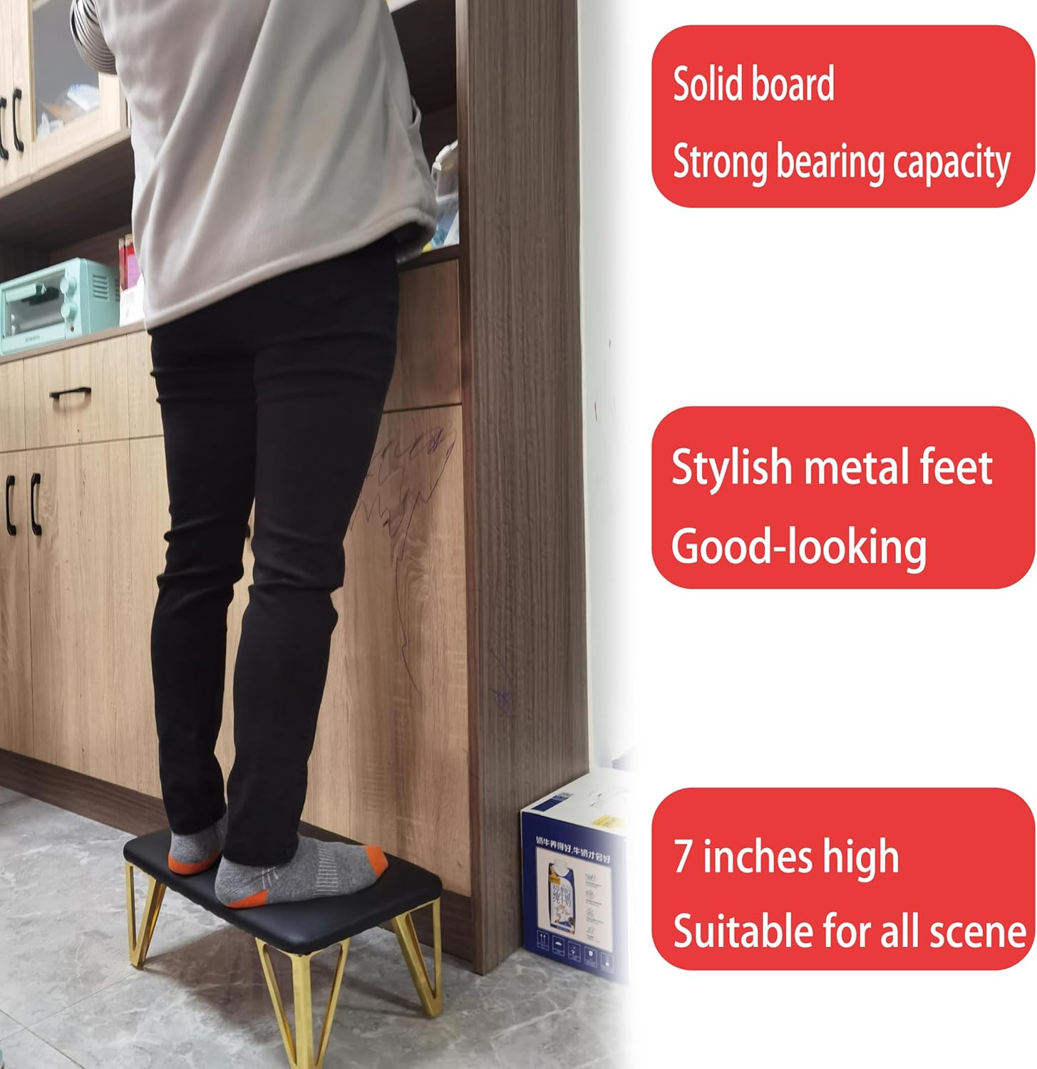 Small Foot Stool Ottoman 7 Inch with Metal Legs Faux Leather Ottoman Foot Rest for High Beds Seat Chair Couch Sofa Patio Bedroom Living Room Office (Black Surface, Rectangular)