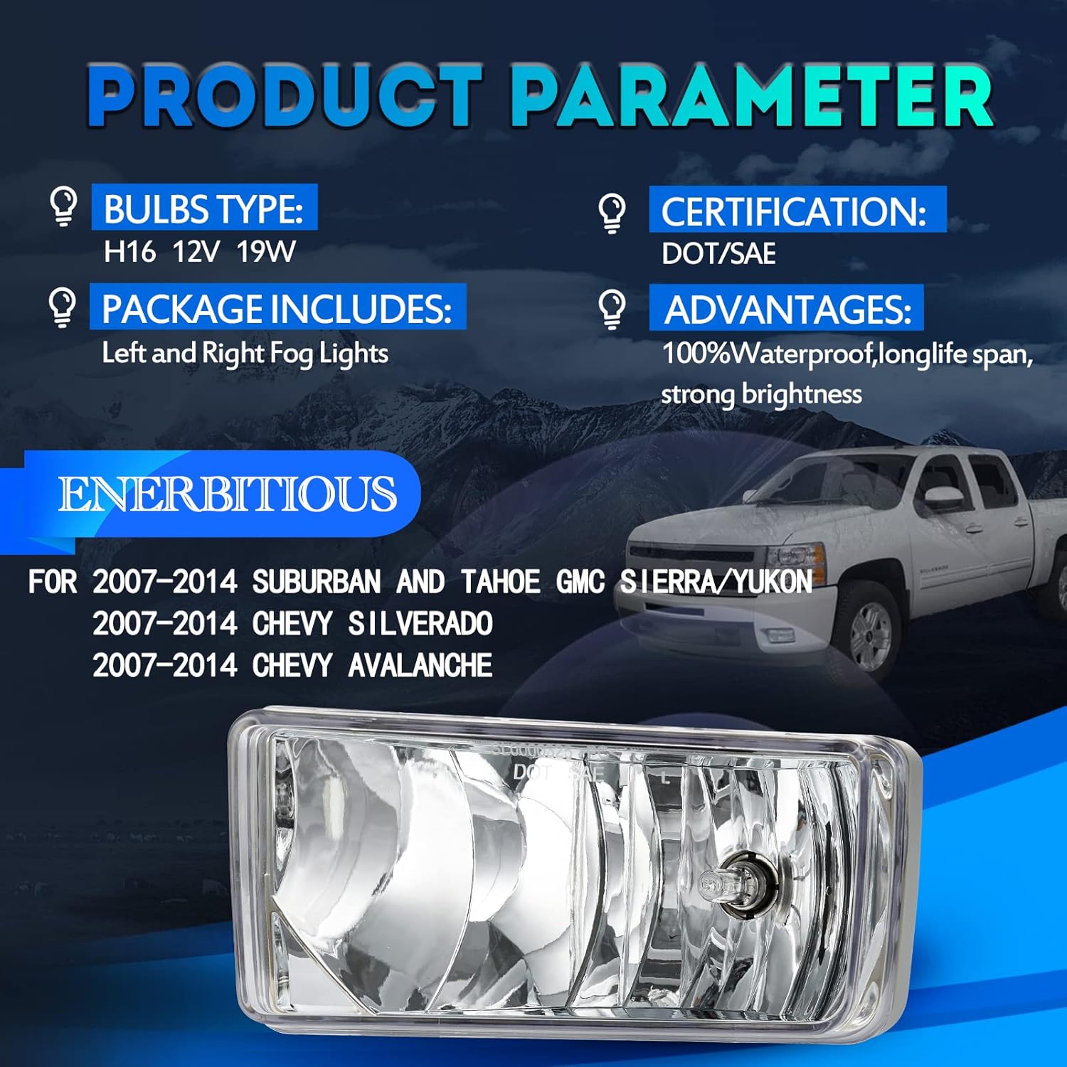 Fog Lights Lamps Replacement for 07-14 Chevy Silverado, 07-11 Avalanche, 07-14 Suburban/Sierra/Tahoe/Yukon Fog Light Compatible with H16 12V 19W Bulbs -Clear Lens