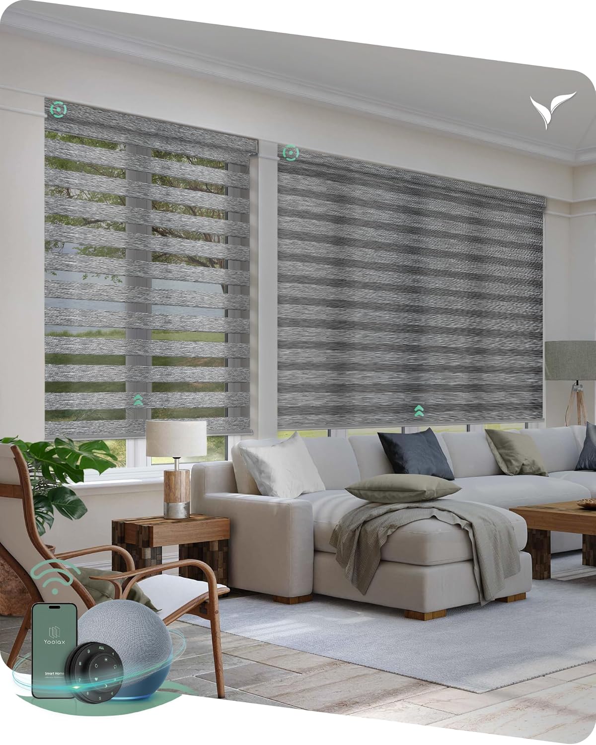 Yoolax Motorized Blinds with Remote, Motorized Zebra Blinds Compatible with Alexa, Privacy Motorized Blinds, Zebra Shades for Windows Custom Size(V-Haze Narrow White)