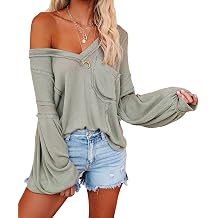 Sexyshine Womens Sexy Off Shoulder Oversized Long Lantern Sleeve V Neck Knit Top Pullover Sweaters with Pocket