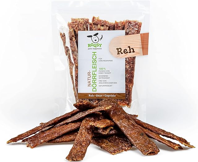 ROQSY Naturalne suszone mięso dla psów, 100% jelenia, 100 g, produkt do żucia również dla szczeniaków, bez zbóż, Jerky, przekąska dla psów, paski do żucia, smakołyki, mięso zakupowe