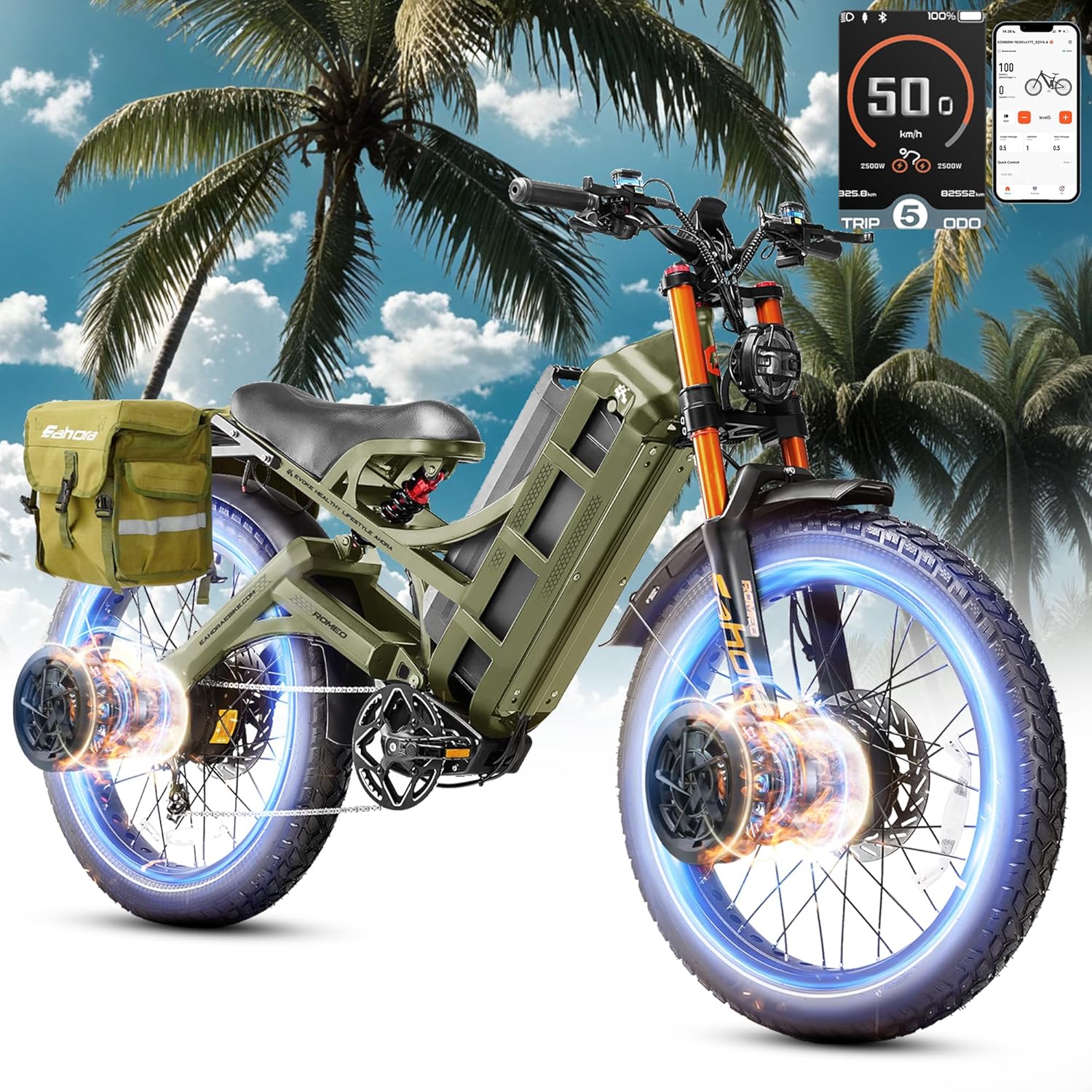 eAhora Romeo Pro 3 60V 80Ah 240+Miles Long Range E-Bike, 26 * 4.0" Fat Tire Air Full Suspension Electric Mountain Bike 50mph 5600W Dual Motor Electric Bike for Adults-Green+Rack+Bag