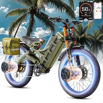 eAhora Romeo Pro 3 60V 80Ah 240+Miles Long Range E-Bike, 26 * 4.0" Fat Tire Air Full Suspension Electric Mountain Bike 50mph 5600W Dual Motor Electric Bike for Adults-Green+Rack+Bag