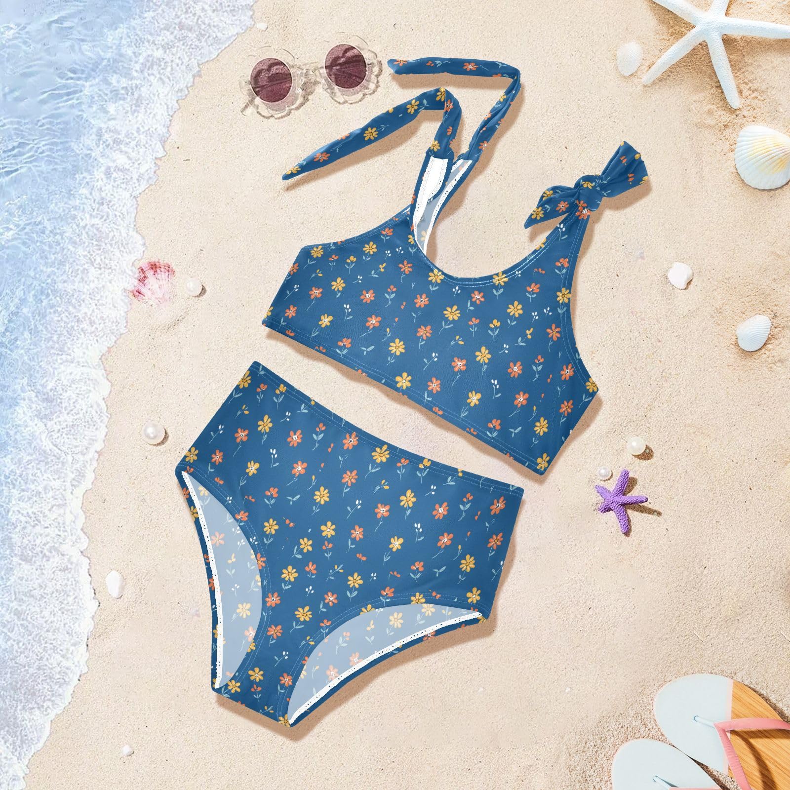 Red Flower Blue Background Girls Tankini Swim Set, Two Piece Swimsuits Summer Bikini Swimwear Set for Girls, 4T