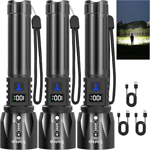 TrixHub Rechargeable Flashlights 3Pack High Lumens, 5Mode Rechargeable Flashlights with LCD Digital Display, Super Bright Flashlight Adjustable Flash Light, High Powered LED Flashlight for Emergency