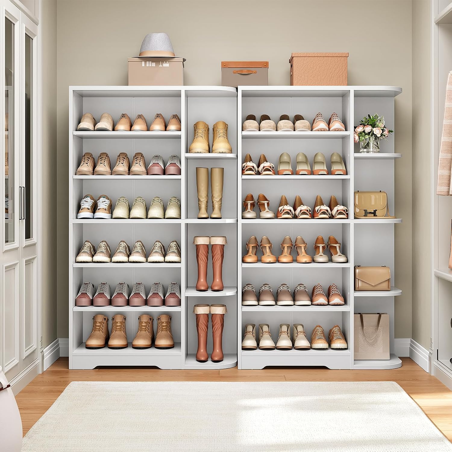 Tall Shoe Rack, Multifunctional Shoe Cabinet with Open Storage, Entryway Shoe Organizer for Closet, 7-Tier Wooden Shoe Storage Cabinet with Adjustable Shelves, White SC02WT