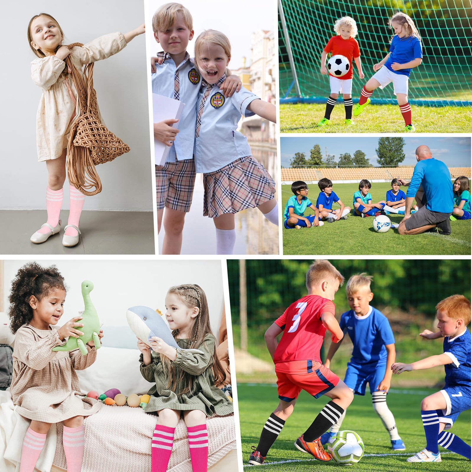 American Trends Calzini da calcio per bambini, a strisce, uniformi, al ginocchio, lunghi, per ragazzi e ragazze