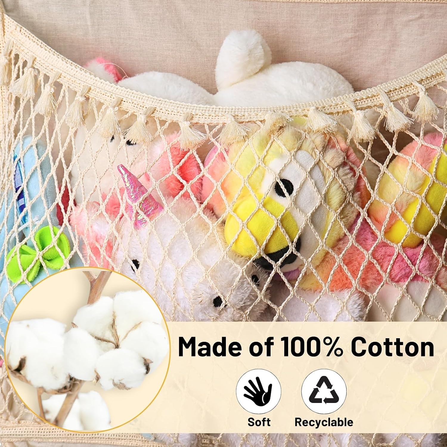 Over The Door Stuffed Animal Storage, Cotton Toy Organizer for Storage Plush Toys,Baby Supplies, Stuffed Animal Holder with 4 Large Pockets, Hanging Door Organizer for Nursery, Bedroom (Tassel)