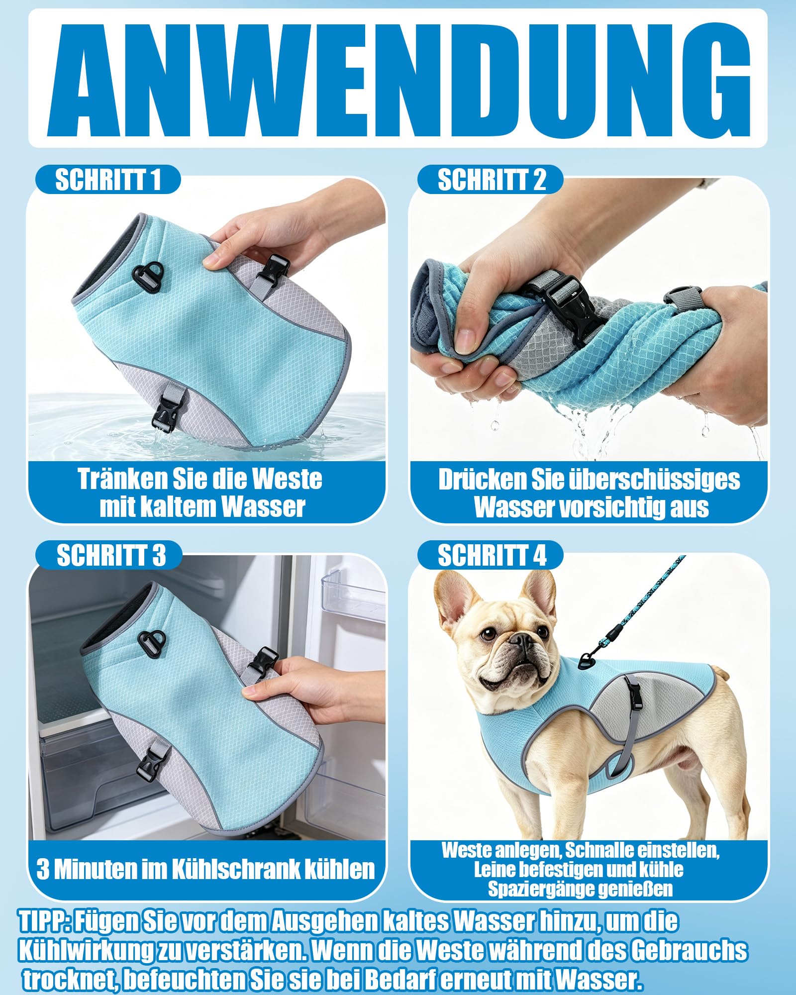 Kühlweste Hund mit 2 m Leine, Hunde Kühlweste für Kleine und Große Hunde, Reflektierende und Atmungsaktive Kühljacke für Sommer, Outdoor und Training
