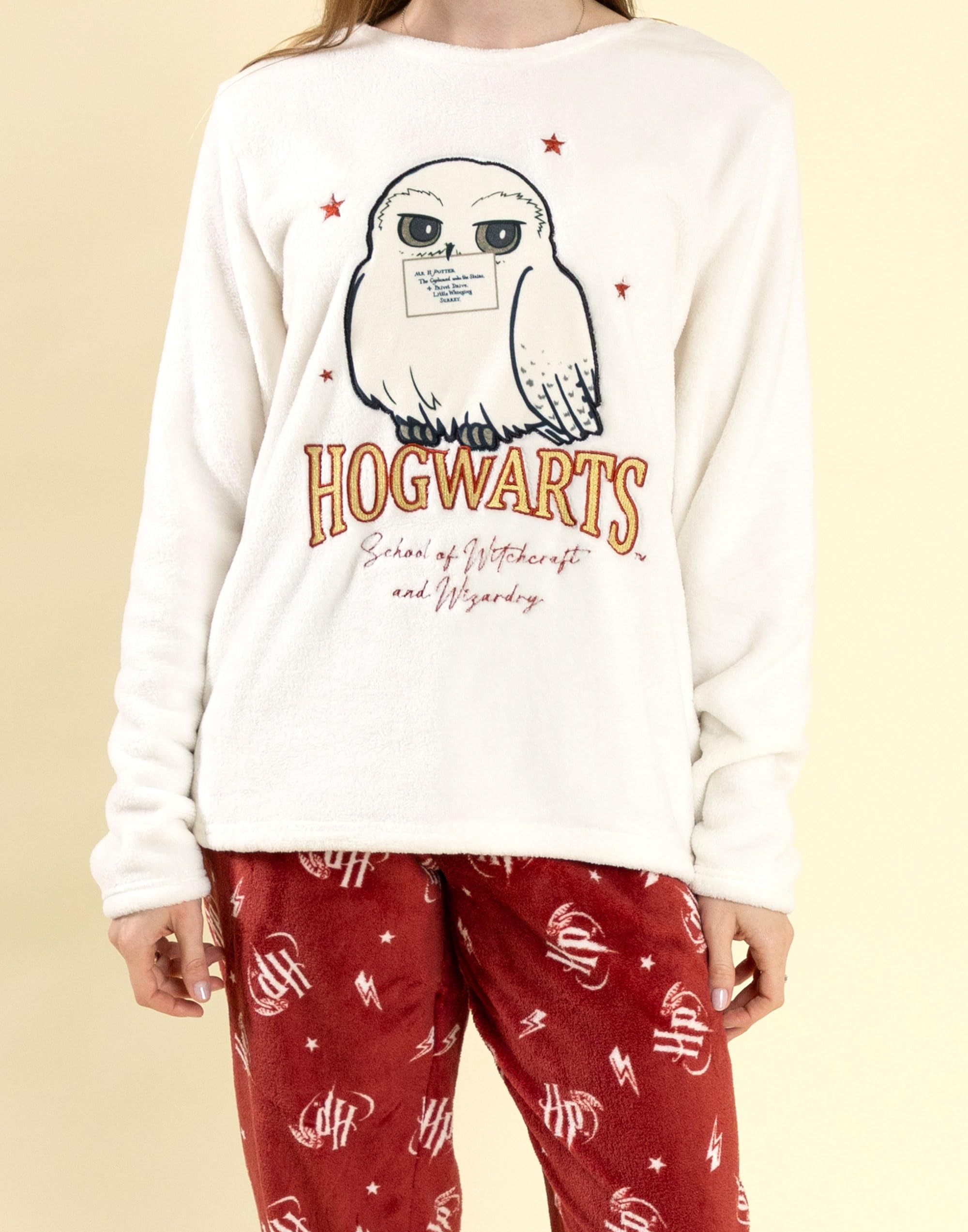 Harry Potter Pigiama da Donna a Maniche Lunghe e Gambe Lunghe di Hedwig in Pile Caldo Rosso e Crema | Design della Scuola di Magia e Stregoneria di Hogwarts | Merchandising