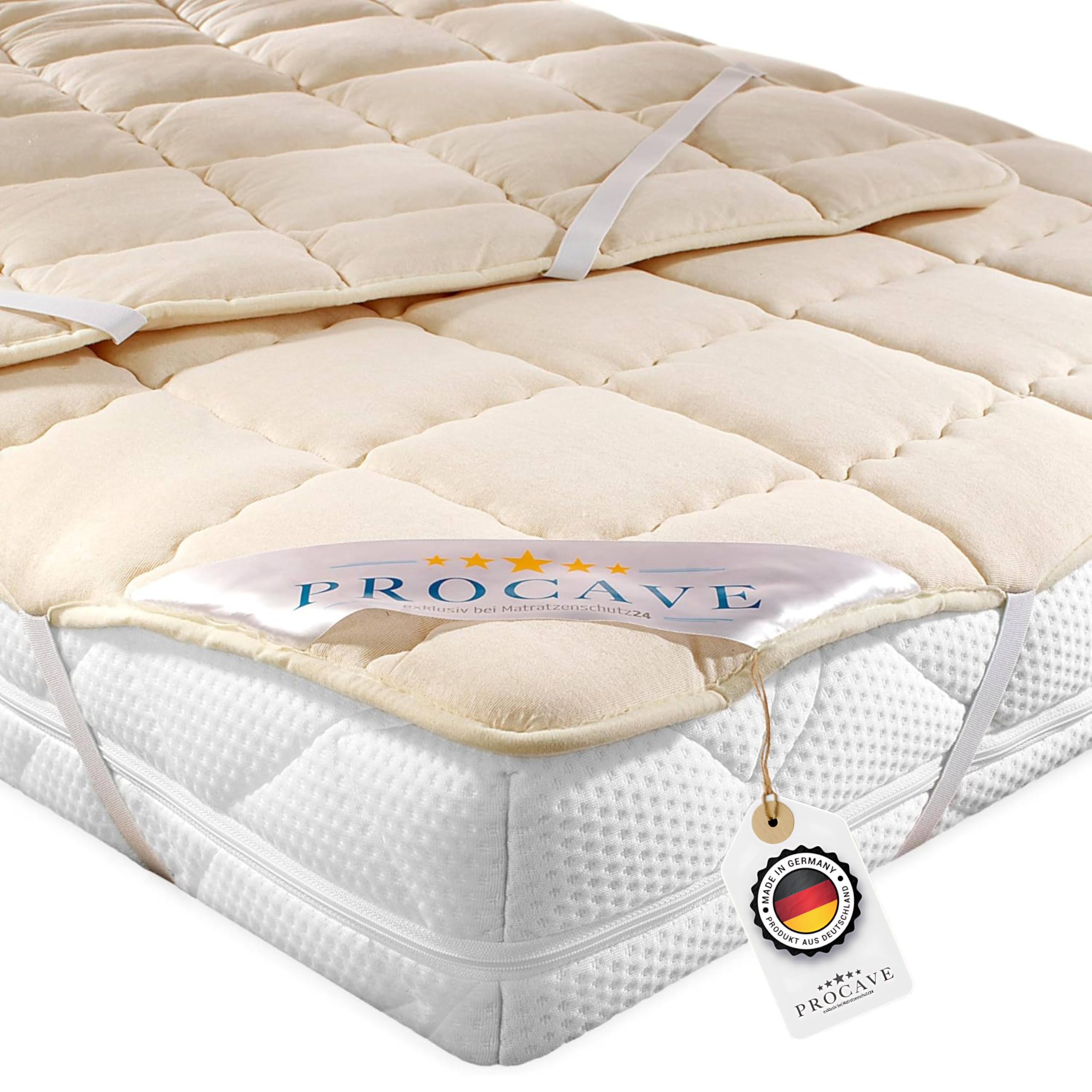 PROCAVE Protezione per materassi, in lana vergine, con angoli elasticizzati, Cotone, Beige, 160 x 200 cm