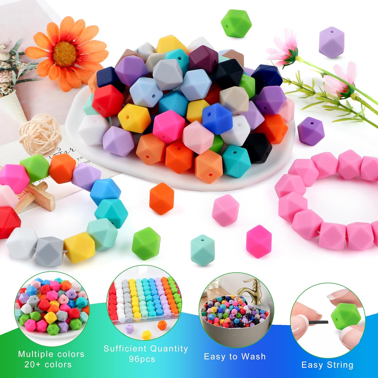 96Pcs 14mm Hexagon Silicone Beads, Bulk Silicone Beads for Keychain Bracelet Necklace Making DIY Crafts(Multicolor Bright) - Image 3