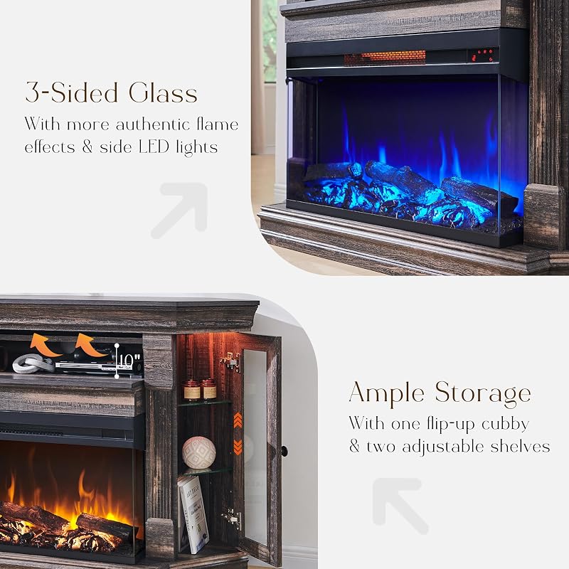 OKD 56" Farmhouse Corner TV Stand with 3-Sided Fireplace, Dark Rustic Oak image 6
