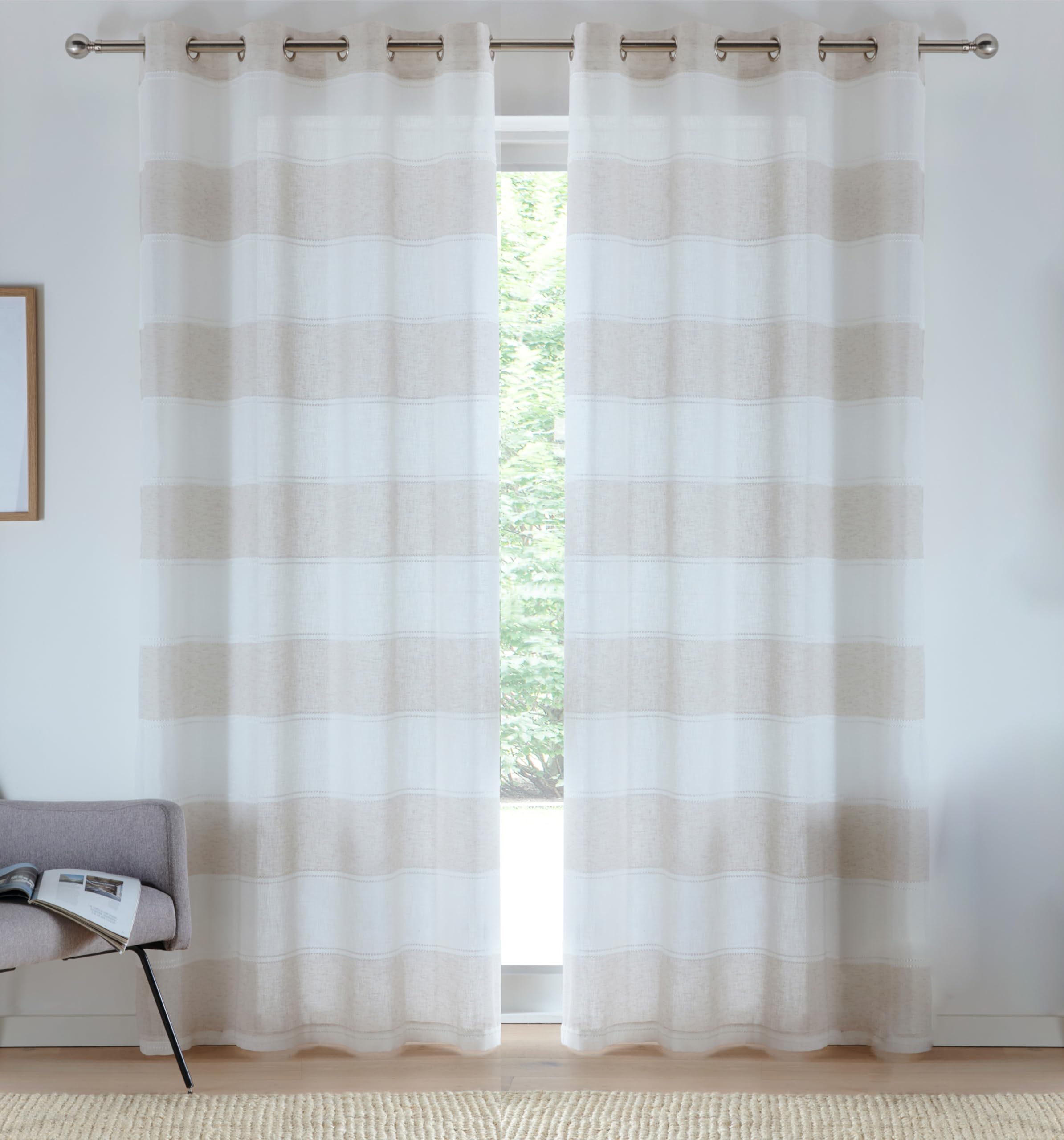 Rackhams Light Santorini Eyelet Linen-Look Striped Voile Panel - Pair - Natural - 55" (140Cm) Width X 72" (183Cm) Drop