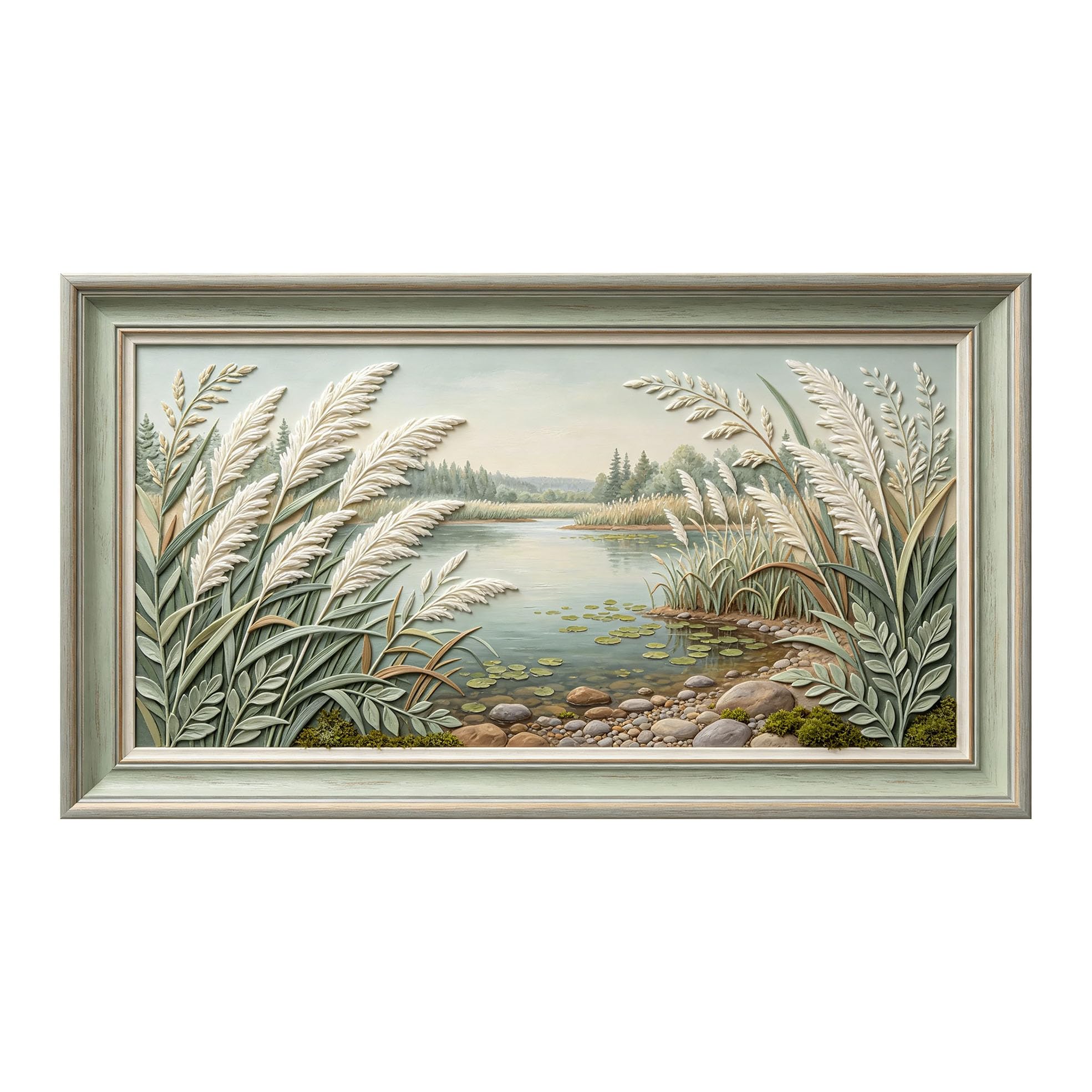 Murasolite 3D Framed Wall Art Lake Shore Landscape Botanical Relief Effect SelfAdhesive Fabric Mural Wall Decor， Peel and Stick No Damage to Wall， AntiFall Safe Design for Bedroom Living Room