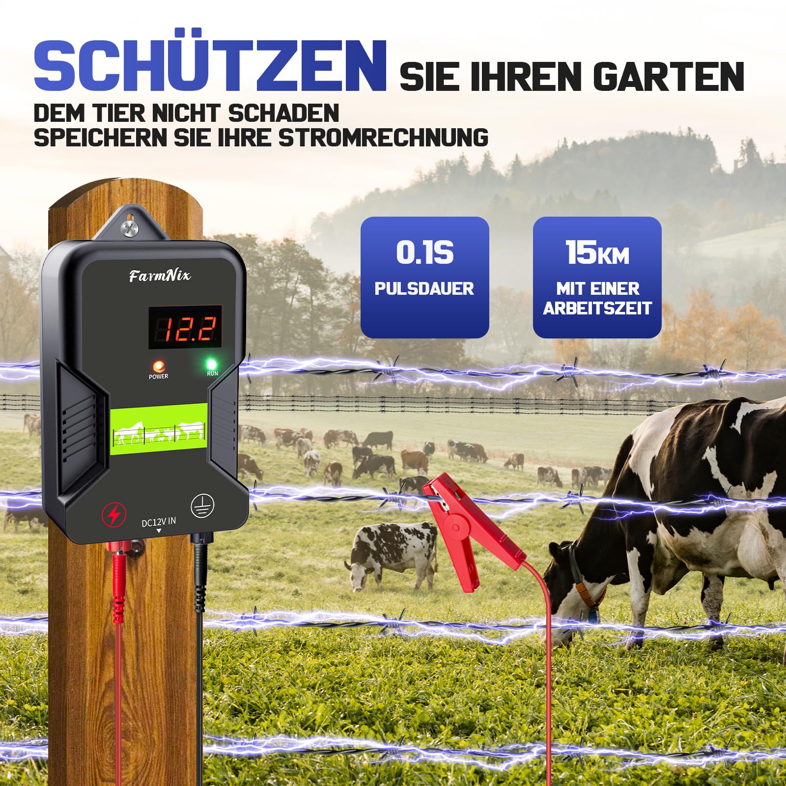 12V Weidezaungerät mit LED Anzeige, 2J Wasserdicht Elektrischer Weidezaun 230V für 15 KM Reichweite, LED Display Eelektrozaun für Schutz von Nutztieren,Haustieren,Geflügel, Hausweide,Gärten (Schwarz)