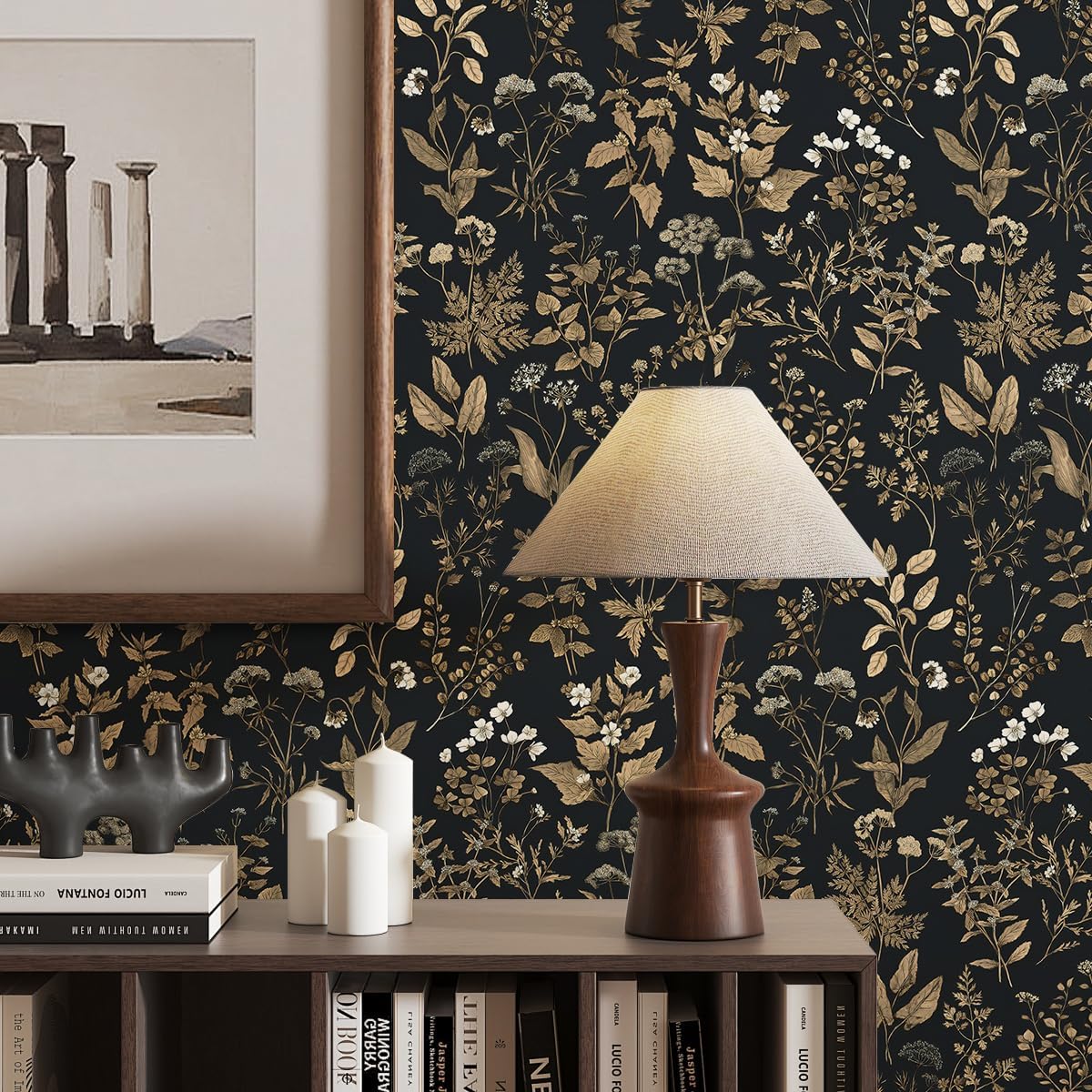 Dimoon 393"x16.1" Black Golden Delicate Floral Peel and Stick Wallpaper Thicken Waterproof Leaf Vintage Flower Contact Paper Self Adhesive Wallpaper Removable Wall Paper Shelf Liner Decal Vinyl Roll