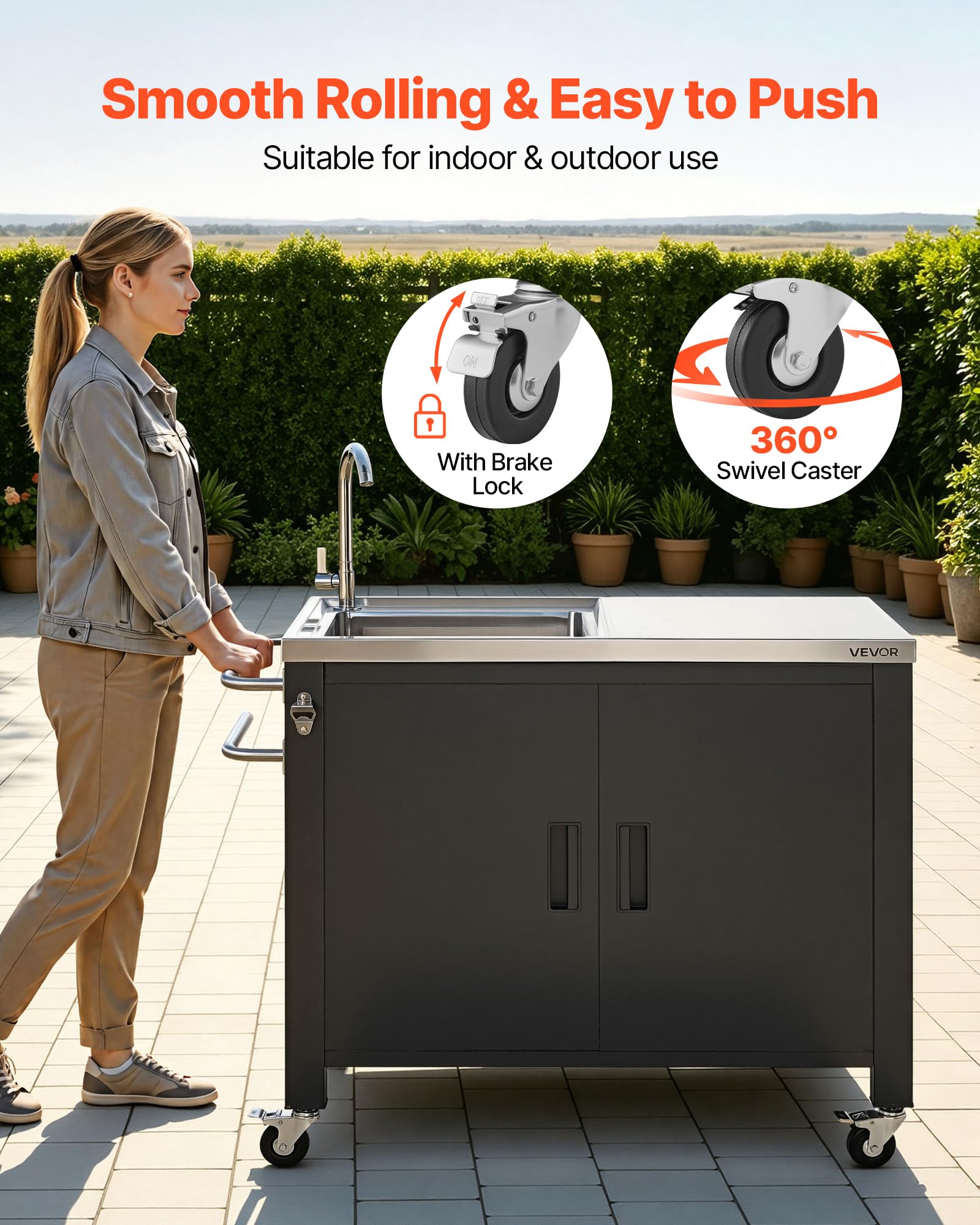 VEVOR Mesa de Barbacoa 965 x 460 x 909 mm Tablero de Acero Inoxidable, Carrito de Cocina con Fregadero, con Ruedas, con Armario de Almacenamiento, con Toallero, para Jardín, Bar, Zona de Barbacoa