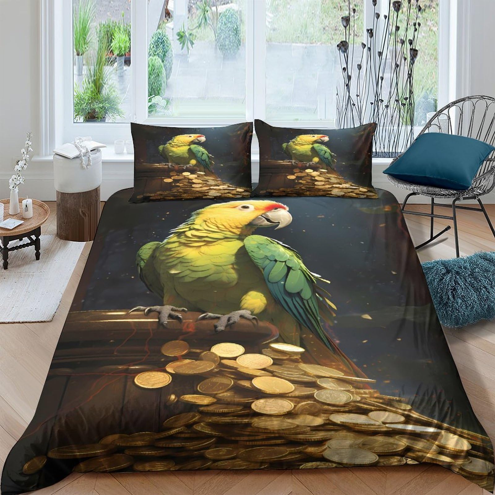 Ctjqhvkz Style-8 3D Printed Parrot Pirate Gold Fitted Sheet Microfiber Soft Mattress Cover For Bedroom Dorm Decorative Easy Care Single（135X200cm）
