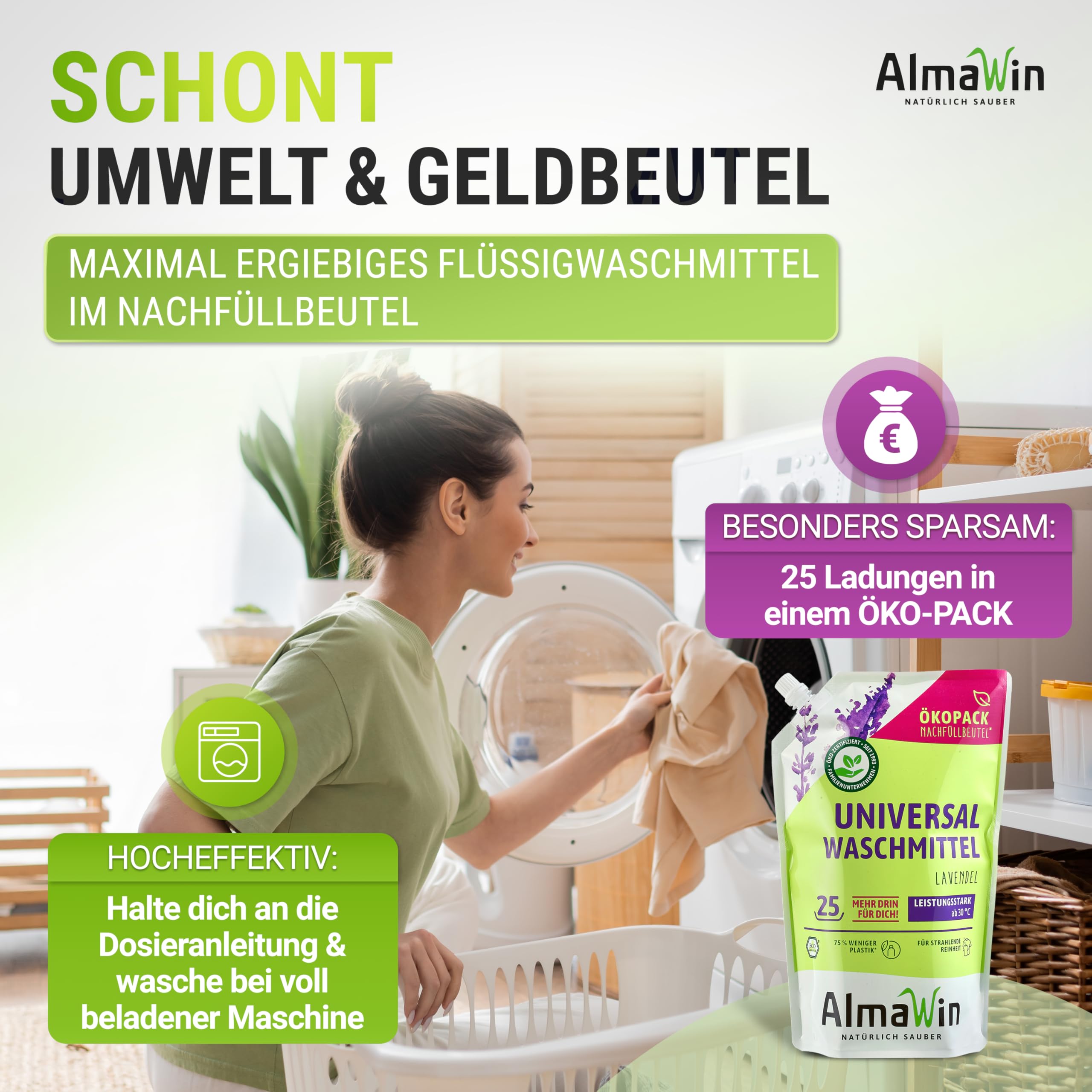 AlmaWin® Universal Waschmittel Flüssig [2x 1,5L - 50 Ladungen] mit Lavendelduft - Flüssigwaschmittel sauber ab 30°C - Waschmittel für Weißes & Buntes im Öko-Pack Nachfüllbeutel - Öko & VEGAN