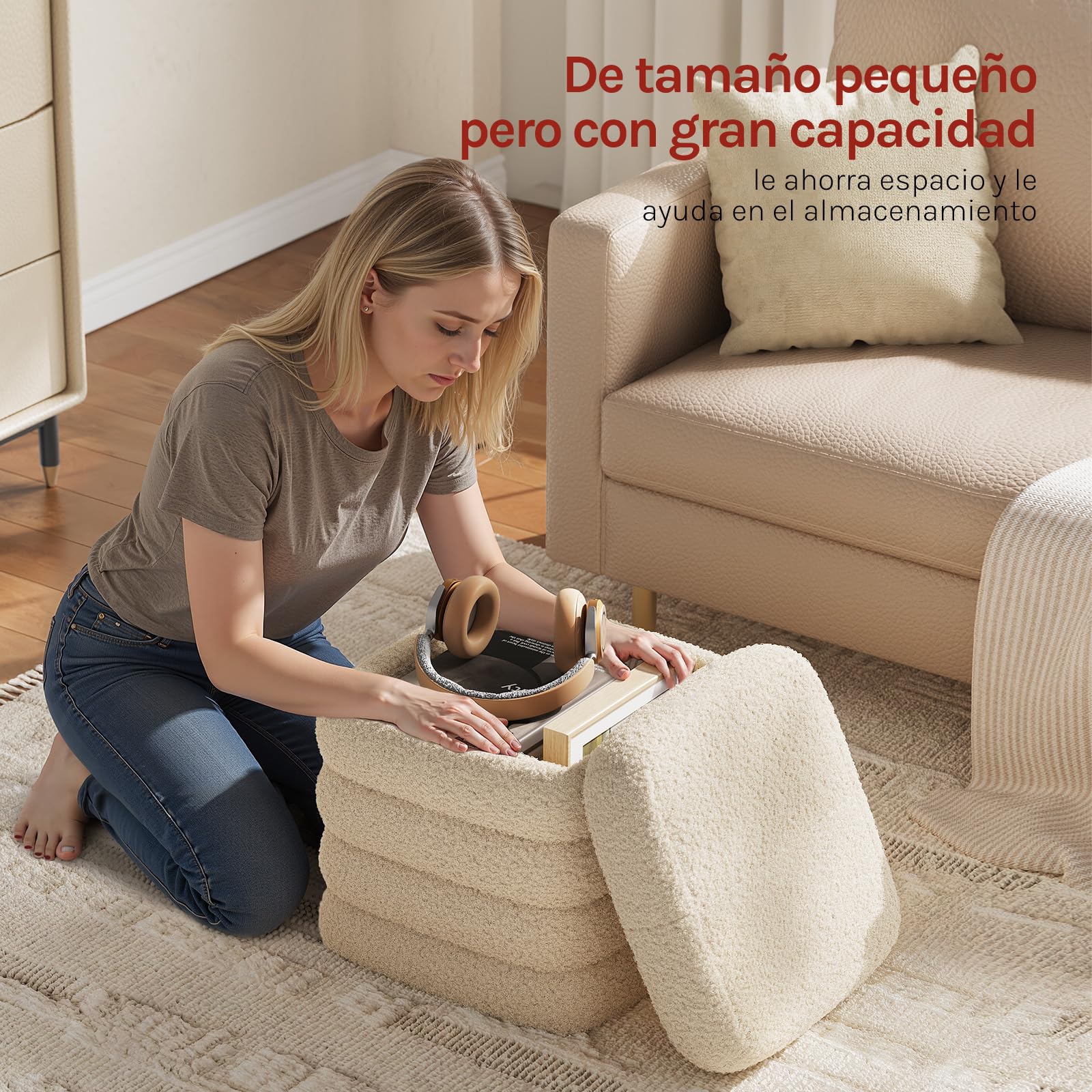 WOLTU Taburete Almacenaje Plegable de Almacenamiento, Taburete Reposapiés para Sofá y Cama, Baúl Puff con Tapa Extraible, Cuadrado, Tapizado de Tejido Polar Teddy, 37,5x37,5x38 cm, Beige
