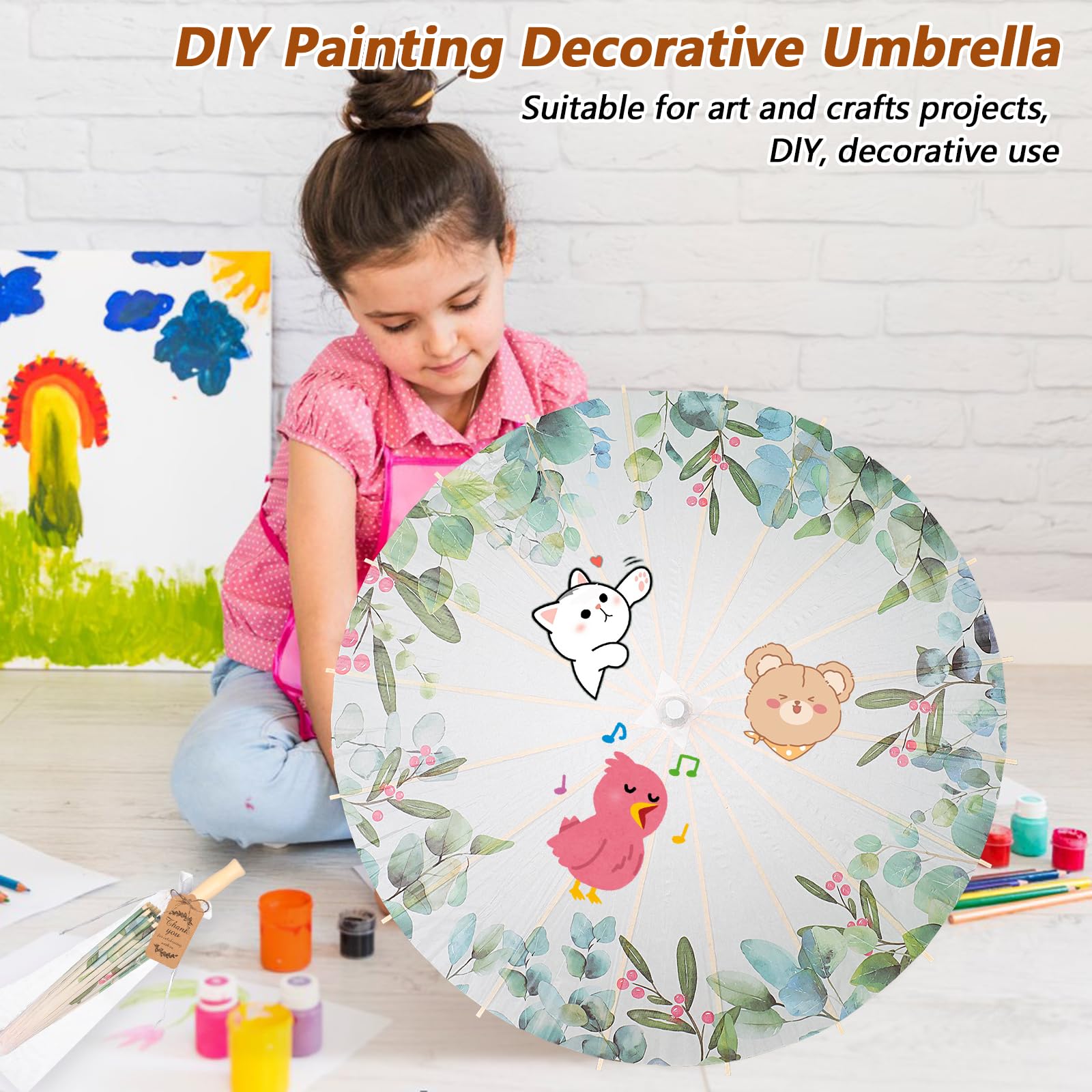 6 Sets 60 cm Hochzeitspapier-Sonnenschirm-Set, Dankeskarten, weiße Kordelzugbeutel, Gastgeschenke, Eukalyptusblatt, chinesisch, japanisch, DIY, geöltes Papier, Regenschirm für Fotografie