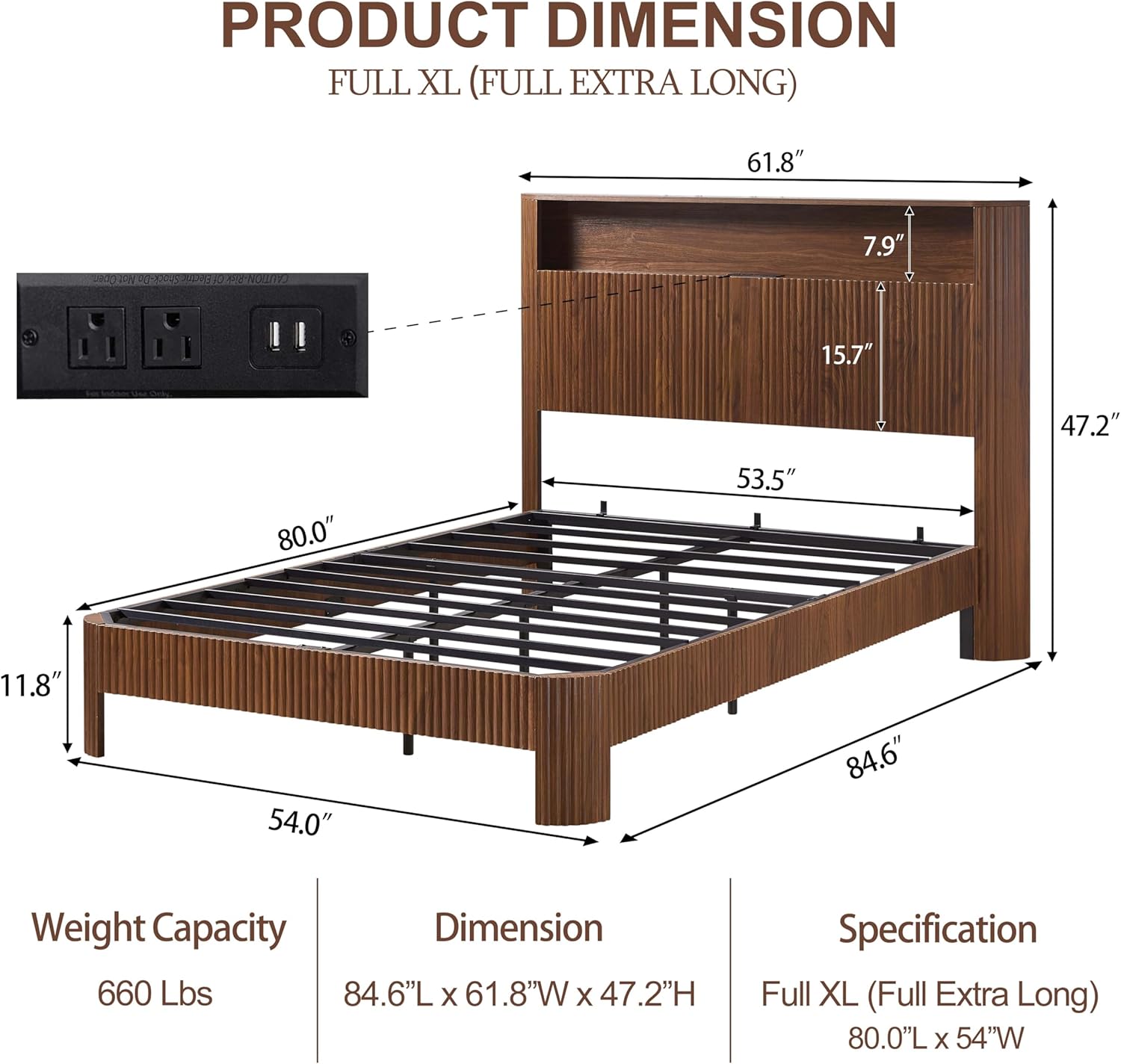 Full XL Size Bed Frame with Storage Headboard, Metal Platform Bed Frame with Built-in Charging Station, Wavy Curved Lines Design, Silent Operation, Metal Support, Walnut (Walnut, Full XL)