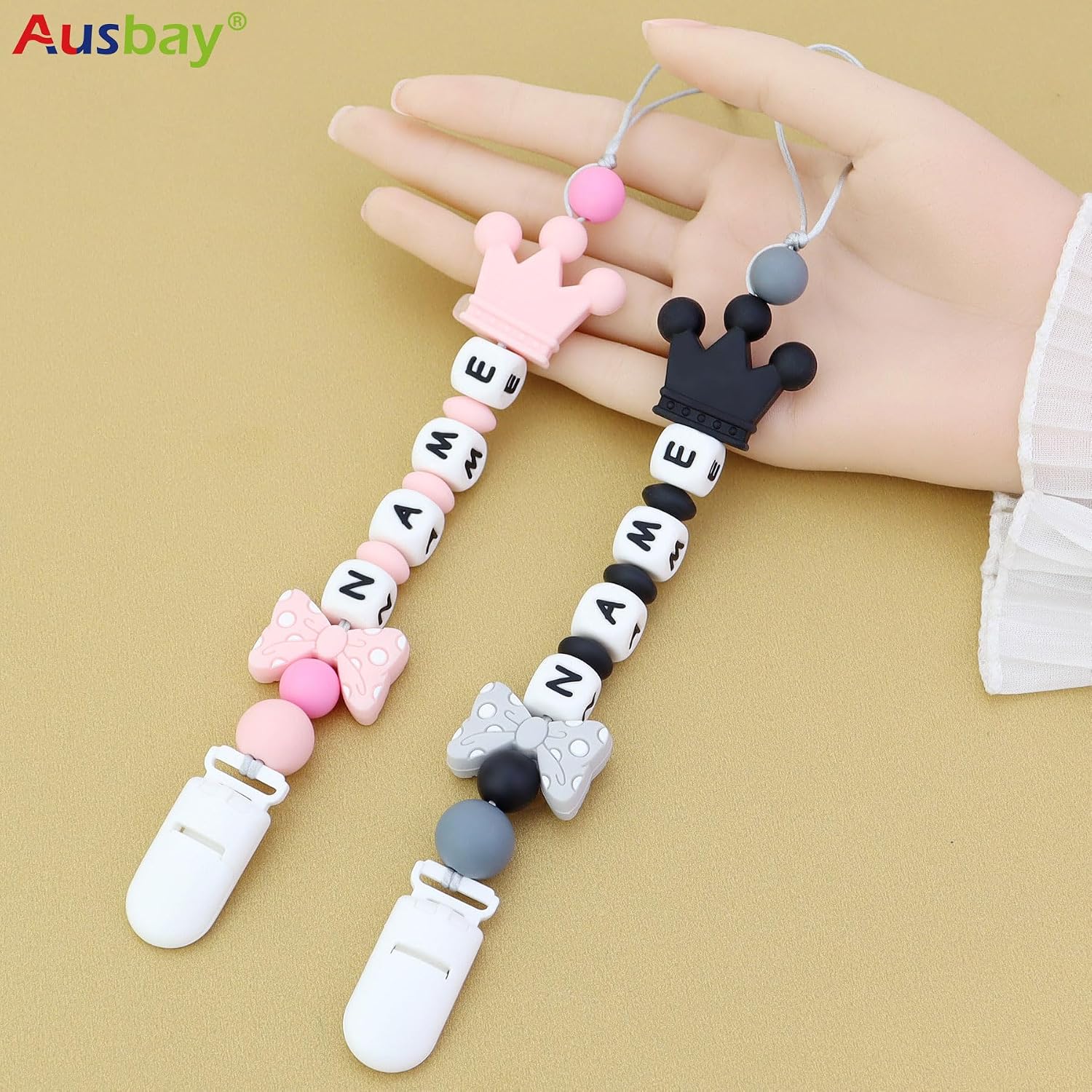 Personalized Pacifier Clip with Name, Ausbay Customized Pacifier Holder Leash with Name (Pink)